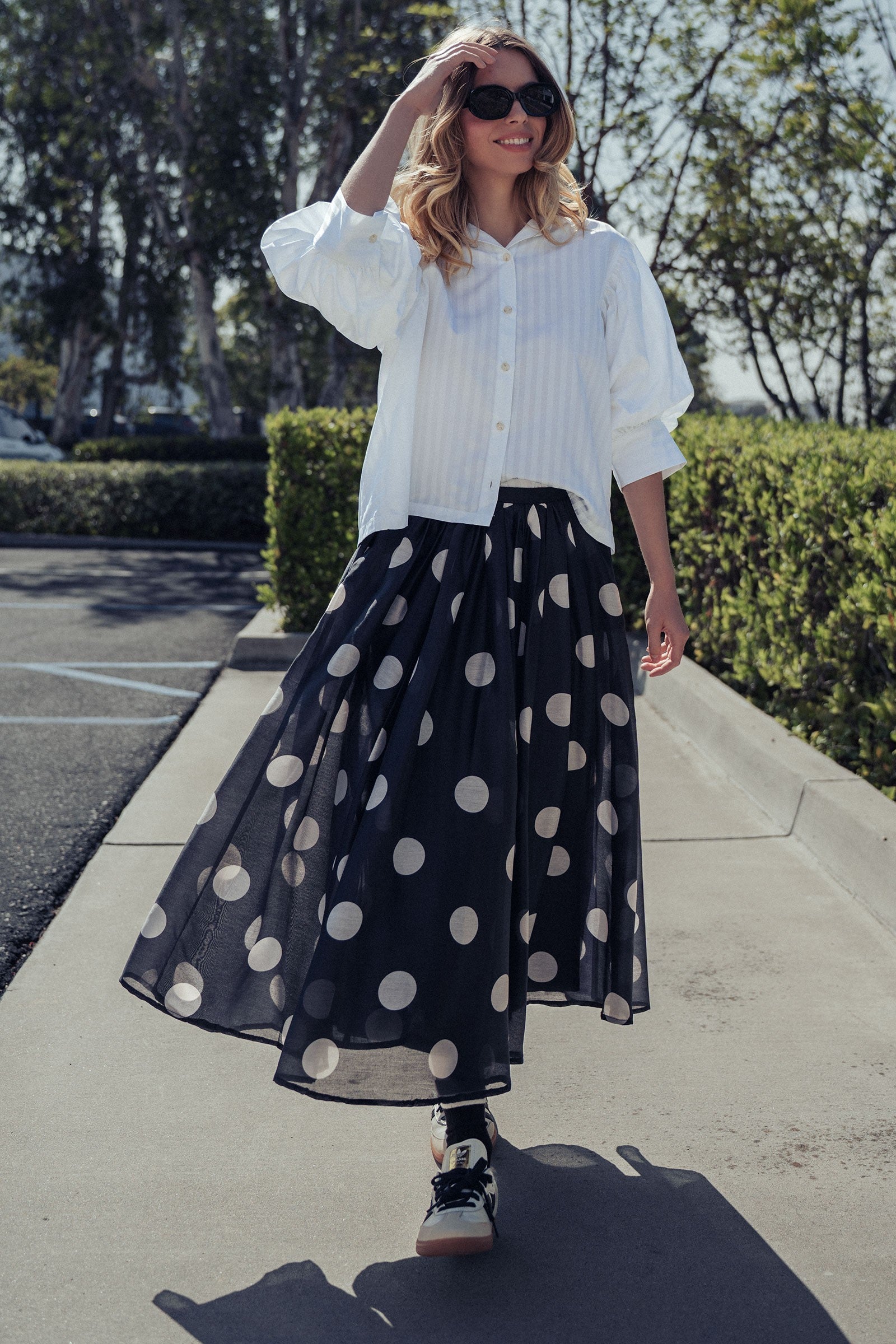 Polka Dot Elastic Waist Midi Skirt