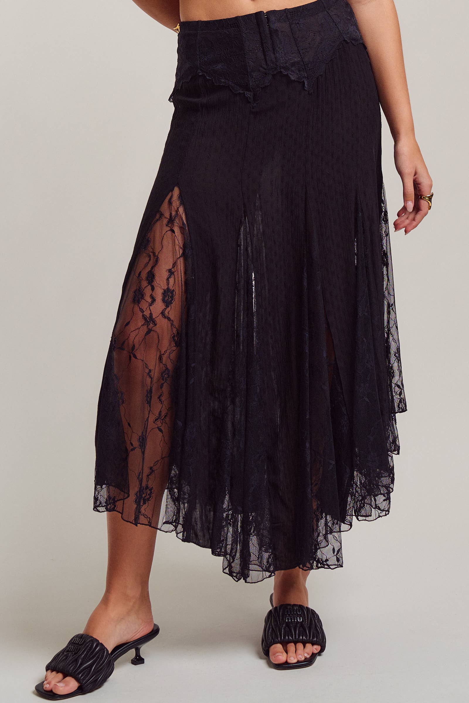 Urban Daizy Black Lace Insert Godet Flowy Midi Skirt Black Skirt - Women's (UDSK0107-Black)