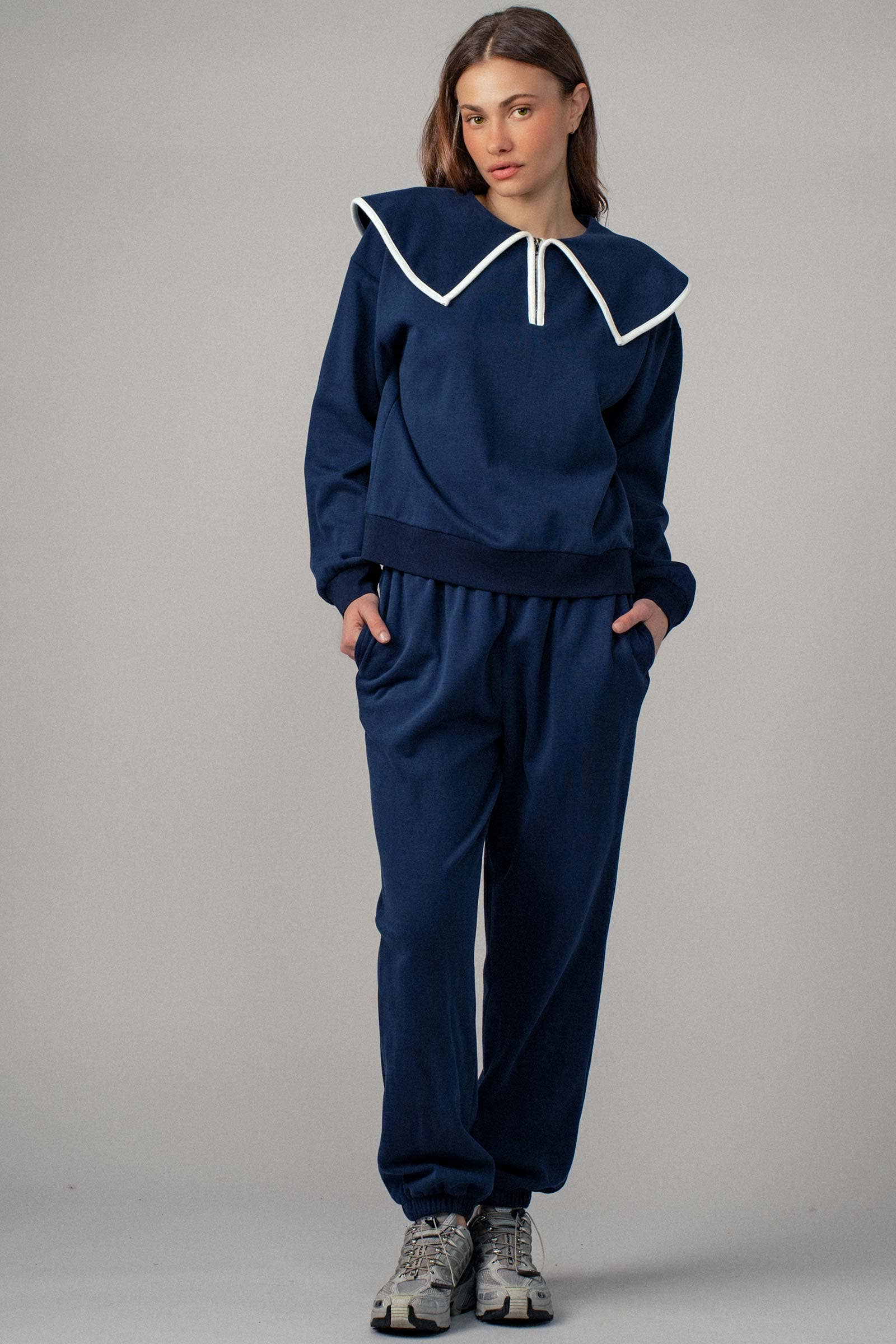 Urban Daizy Statement Sailor Collar Quarter Zip Lounge Set H-Grey Black Top & Pant Set (NOT Loungewear) - Women's… –…