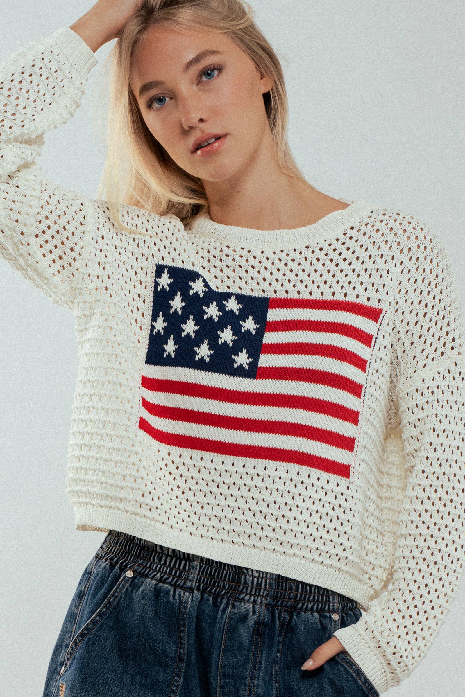 Urban Daizy Old American Flag Crochet Crewneck Sweater Ivory Knit Sweater - Women's (UDZ-KN-00502) – alternate view 6