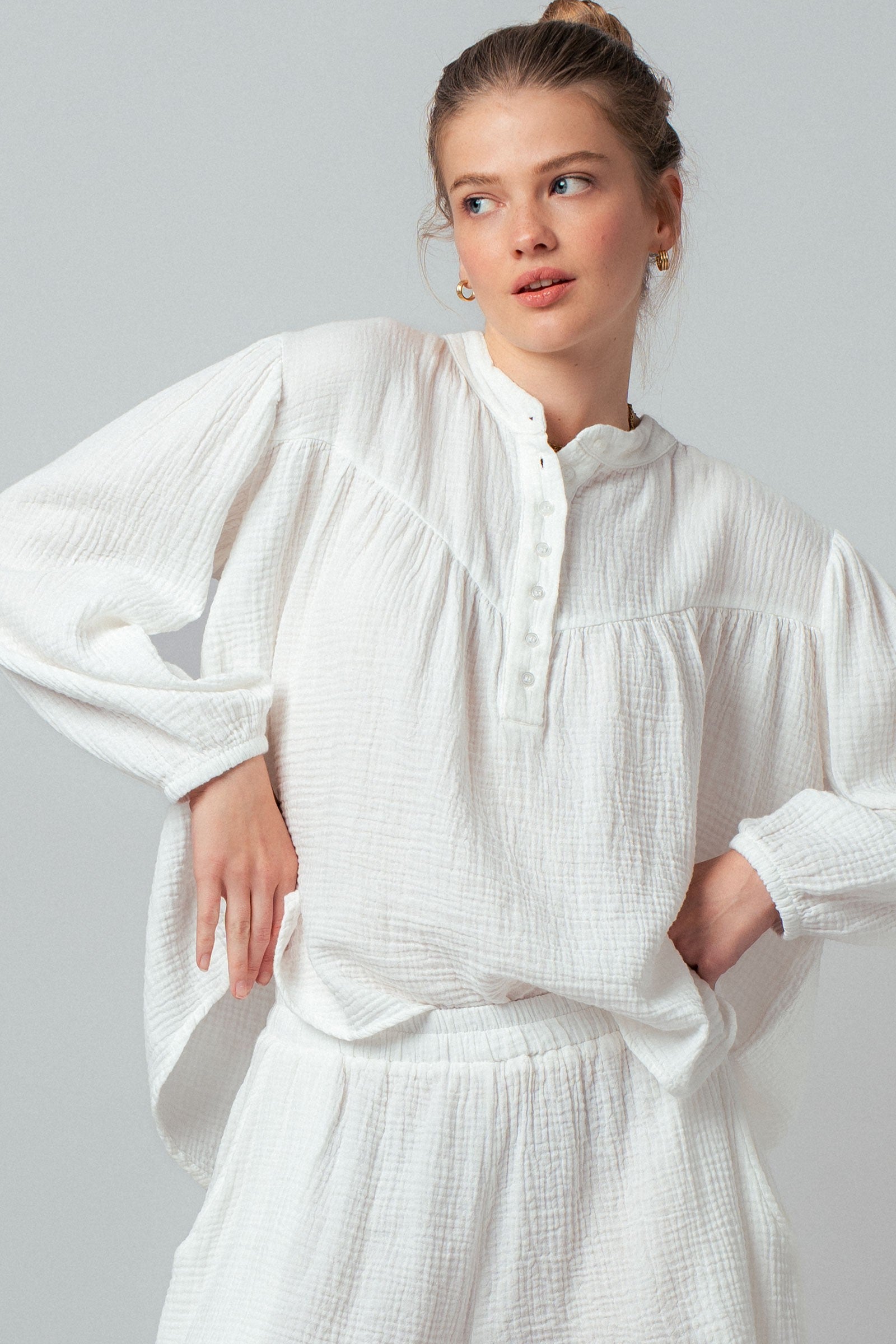 Garment Dyed Cotton Gauze Button Down Top And Shorts Set