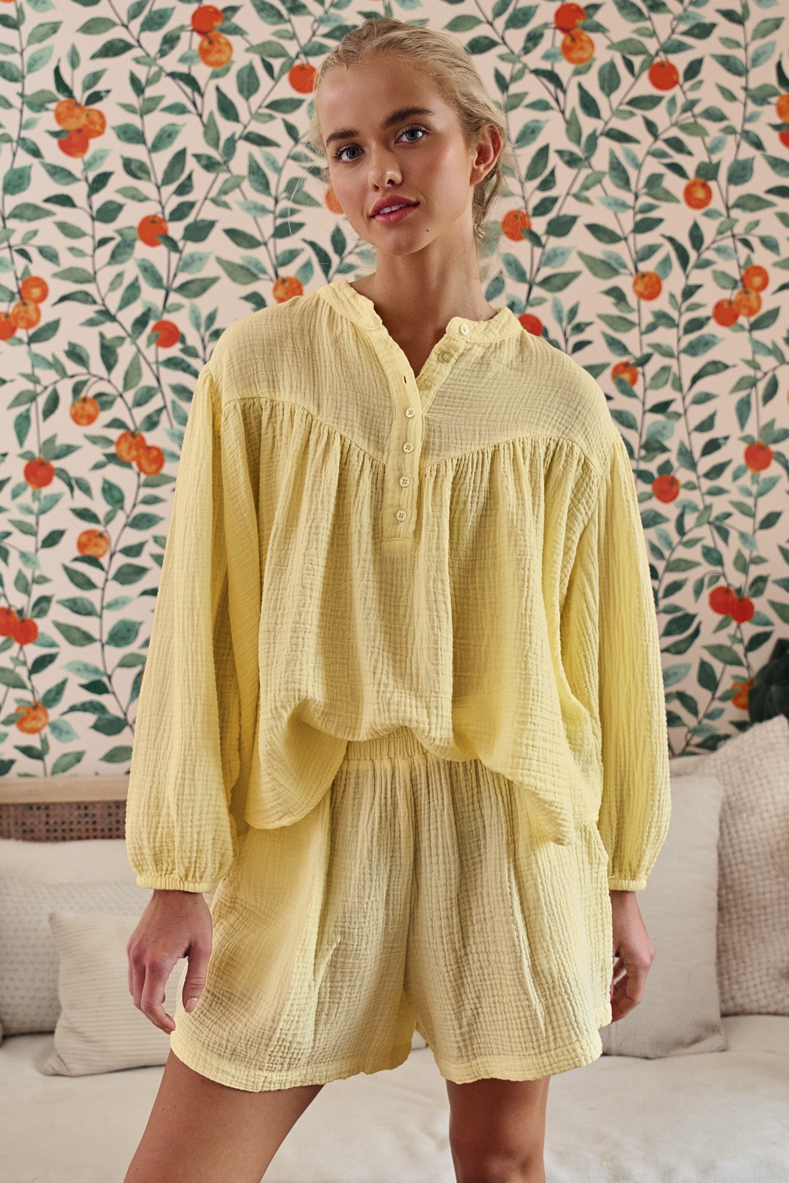 Garment Dyed Cotton Gauze Button Down Top And Shorts Set