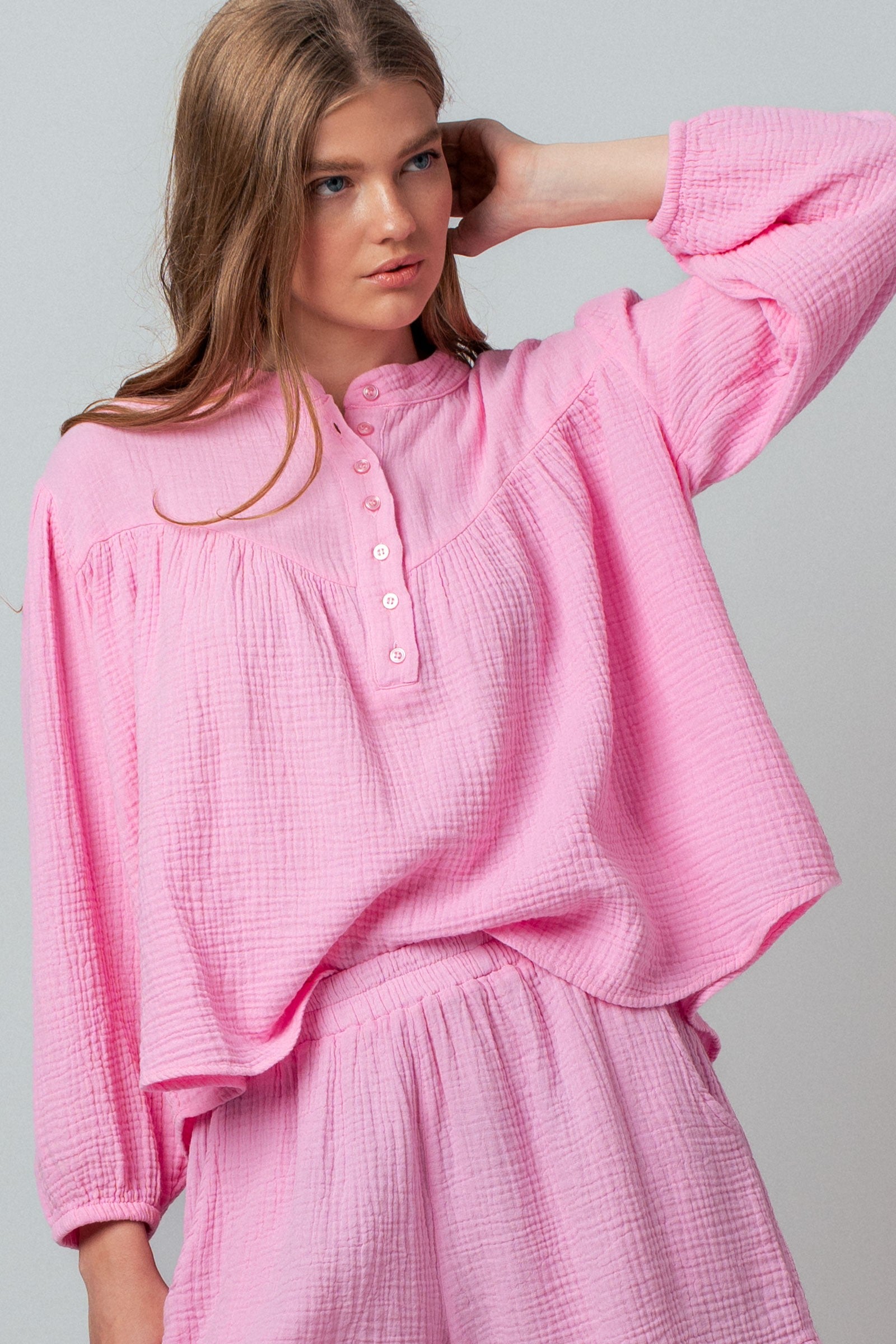 Garment Dyed Cotton Gauze Button Down Top And Shorts Set