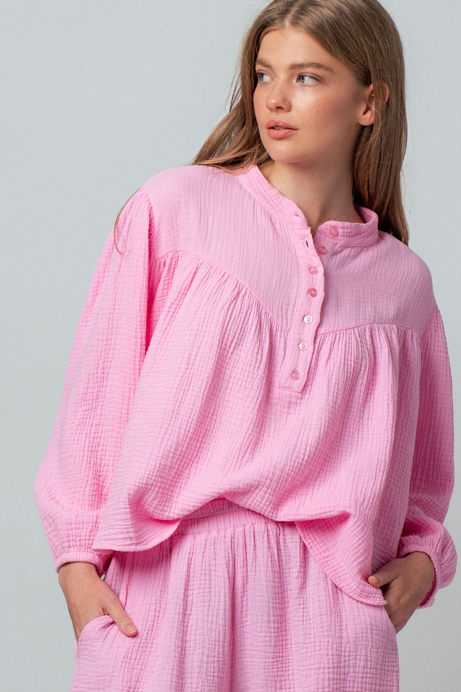 Garment Dyed Cotton Gauze Button Down Top And Shorts Set