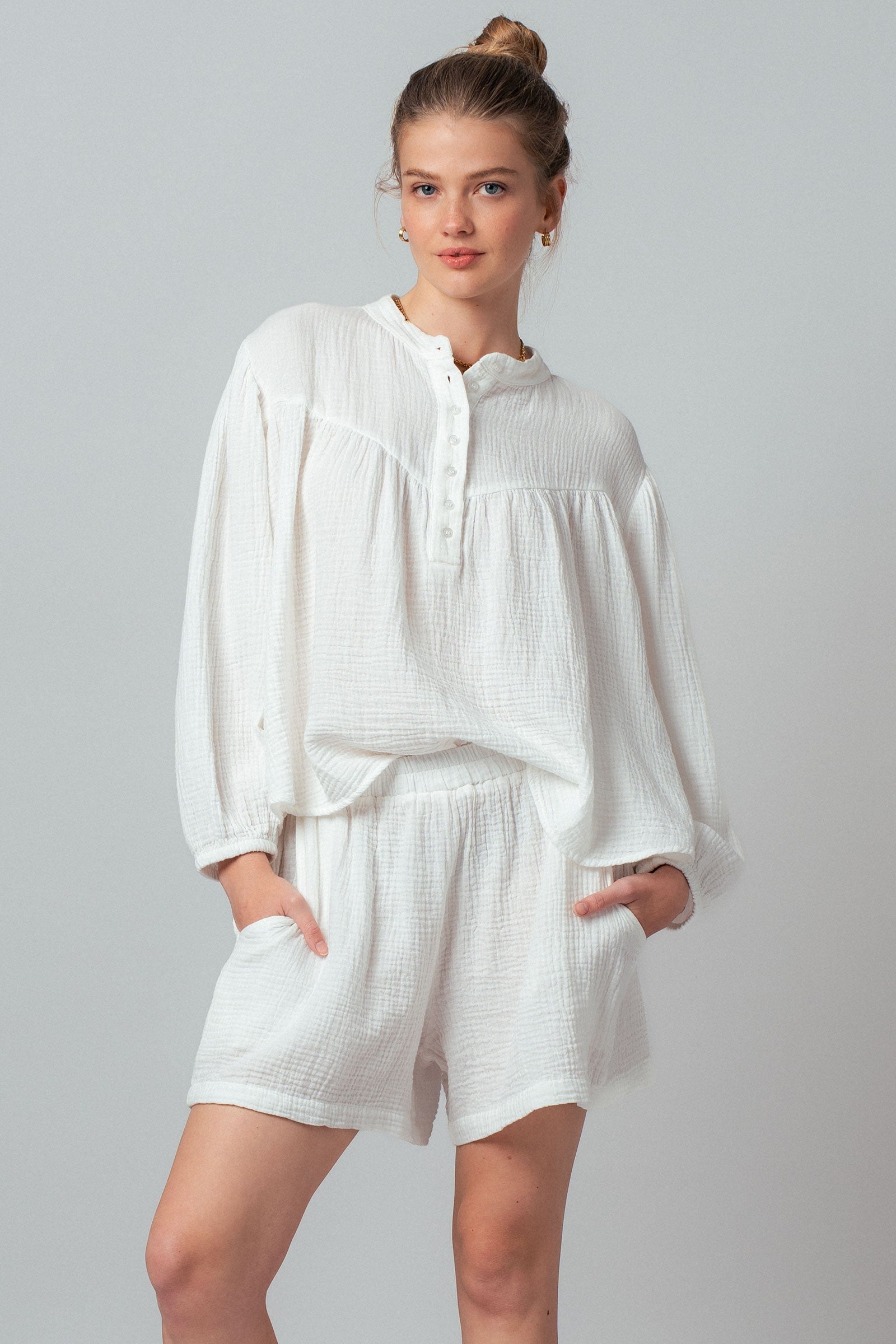 Garment Dyed Cotton Gauze Button Down Top And Shorts Set