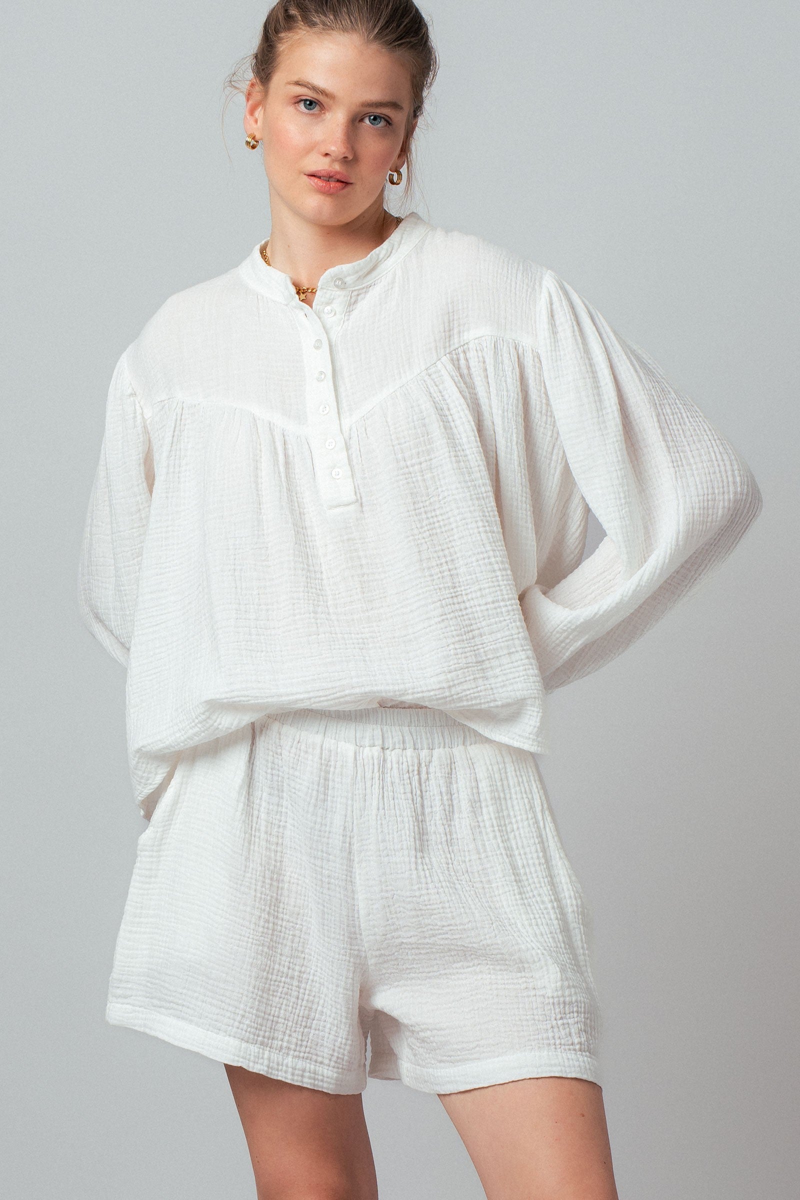 Garment Dyed Cotton Gauze Button Down Top And Shorts Set
