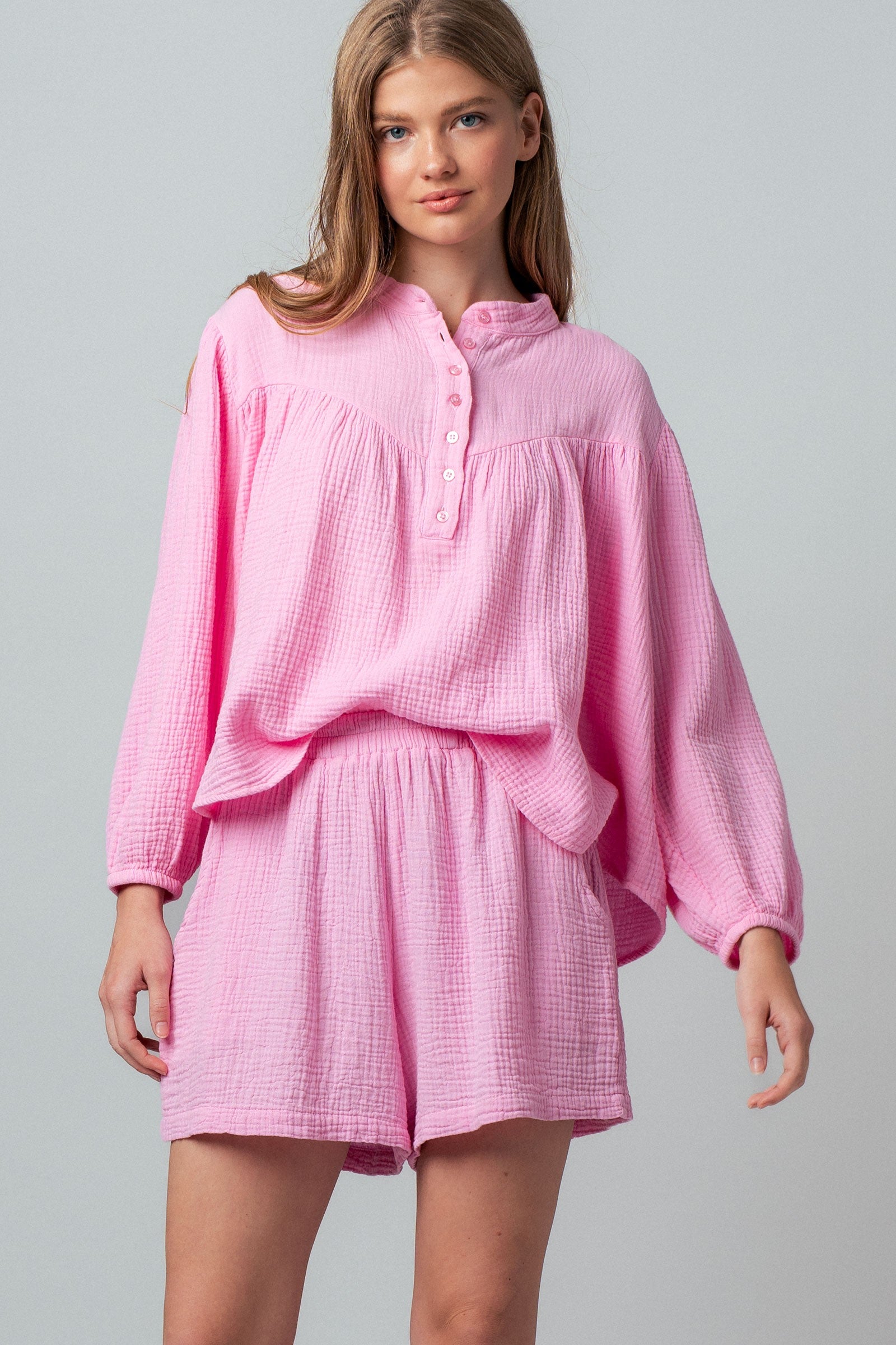 Garment Dyed Cotton Gauze Button Down Top And Shorts Set