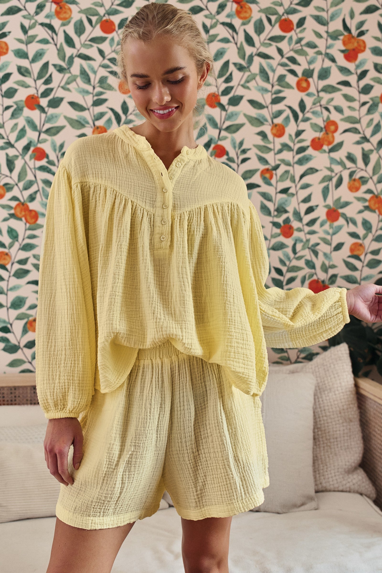 Garment Dyed Cotton Gauze Button Down Top And Shorts Set