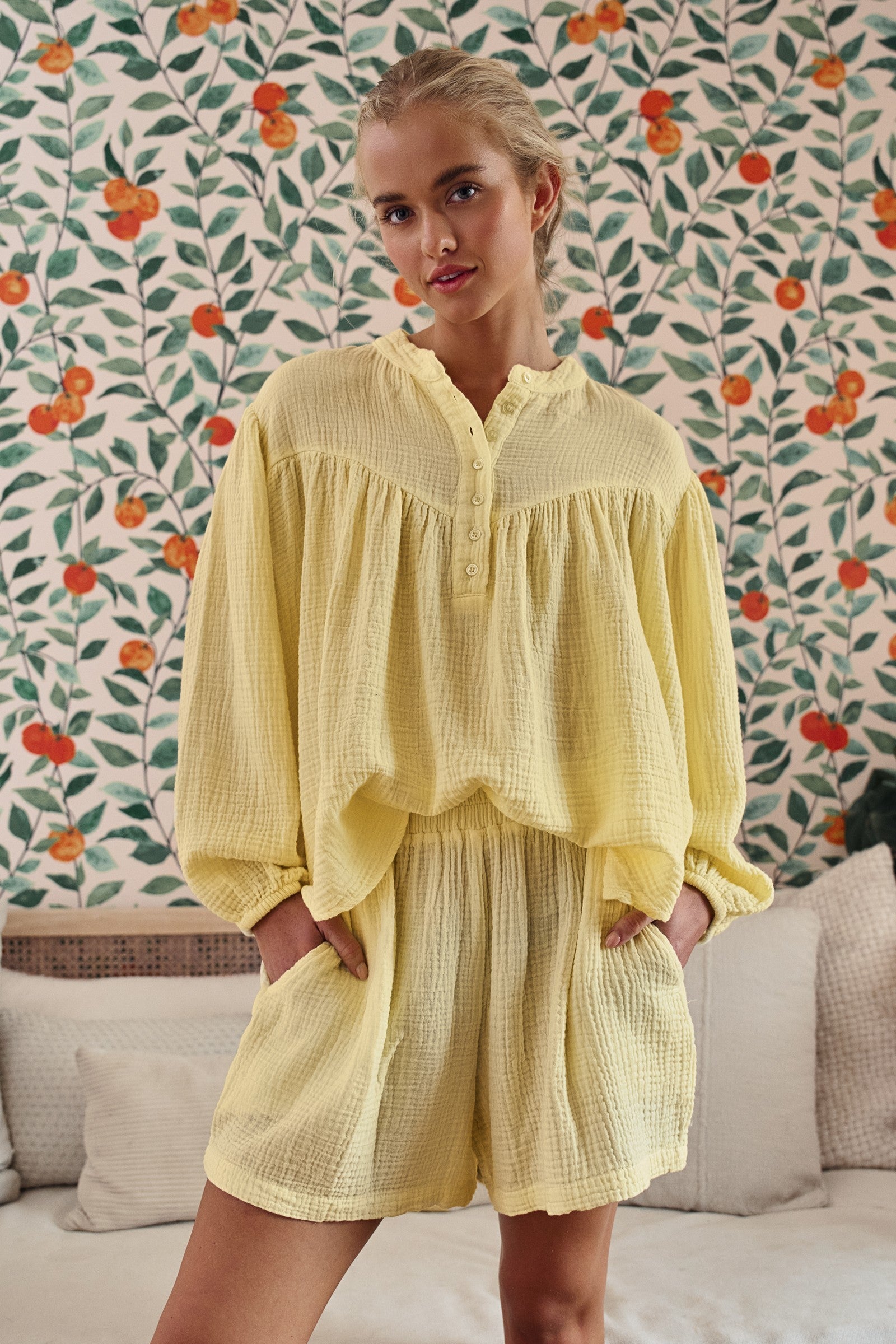 Garment Dyed Cotton Gauze Button Down Top And Shorts Set