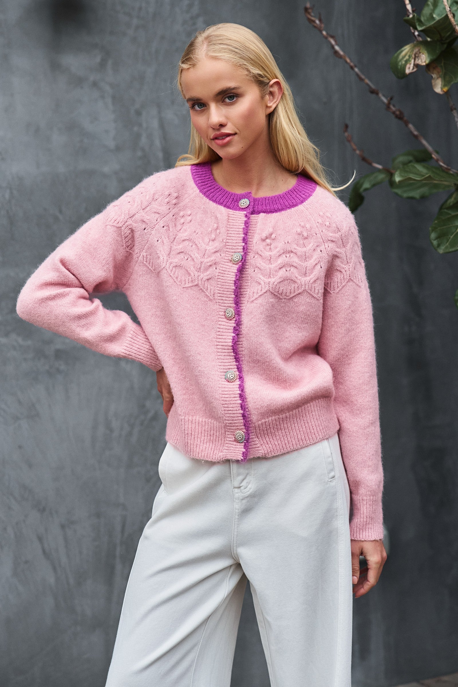 Textured Yoke Contrast Trim Knit Cardigan