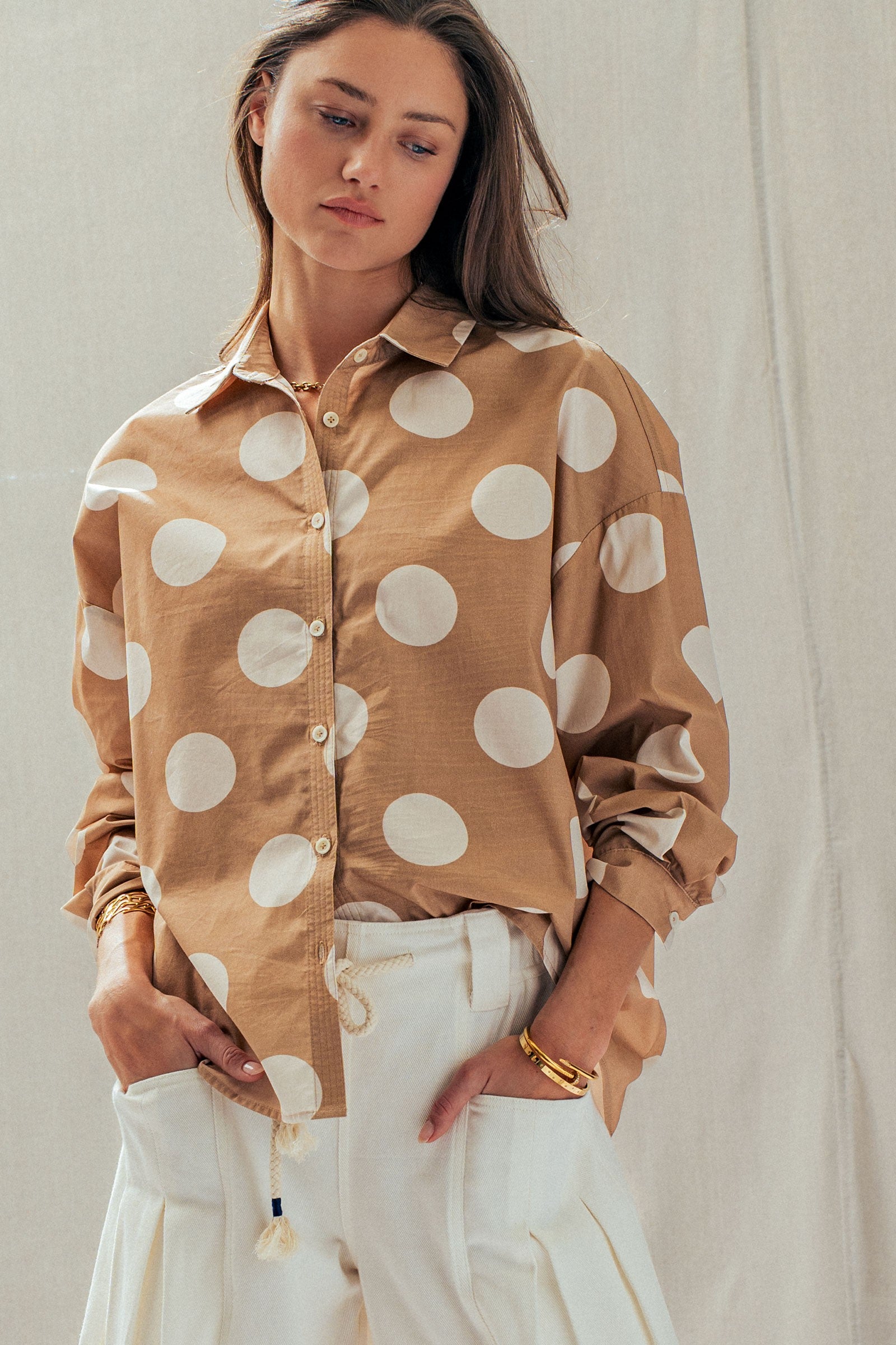 Polka Dot Button Shirt in TAUPE - Women's Tops | Urban Daizy
