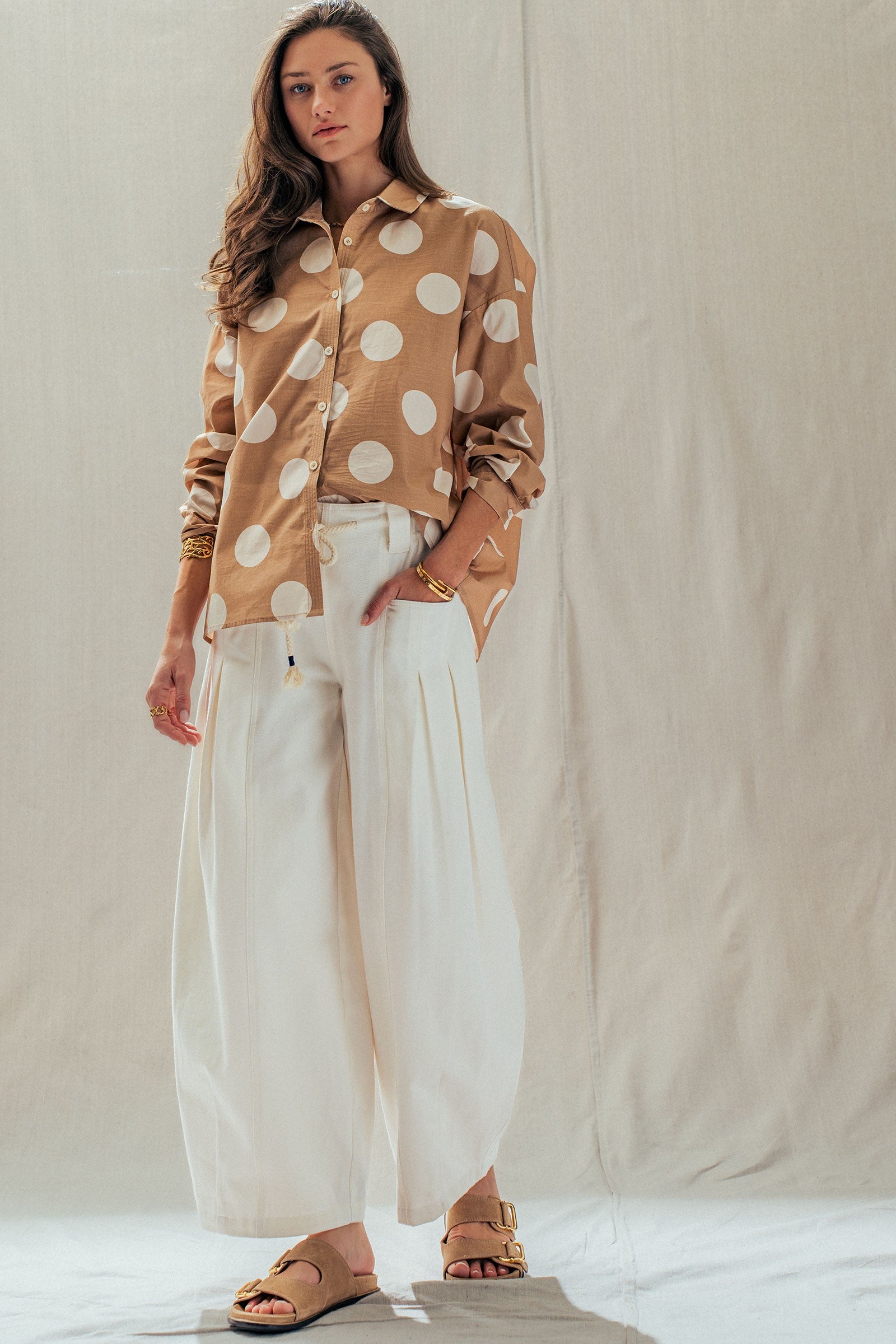 Polka Dot Button Shirt in TAUPE - Women's Tops | Urban Daizy