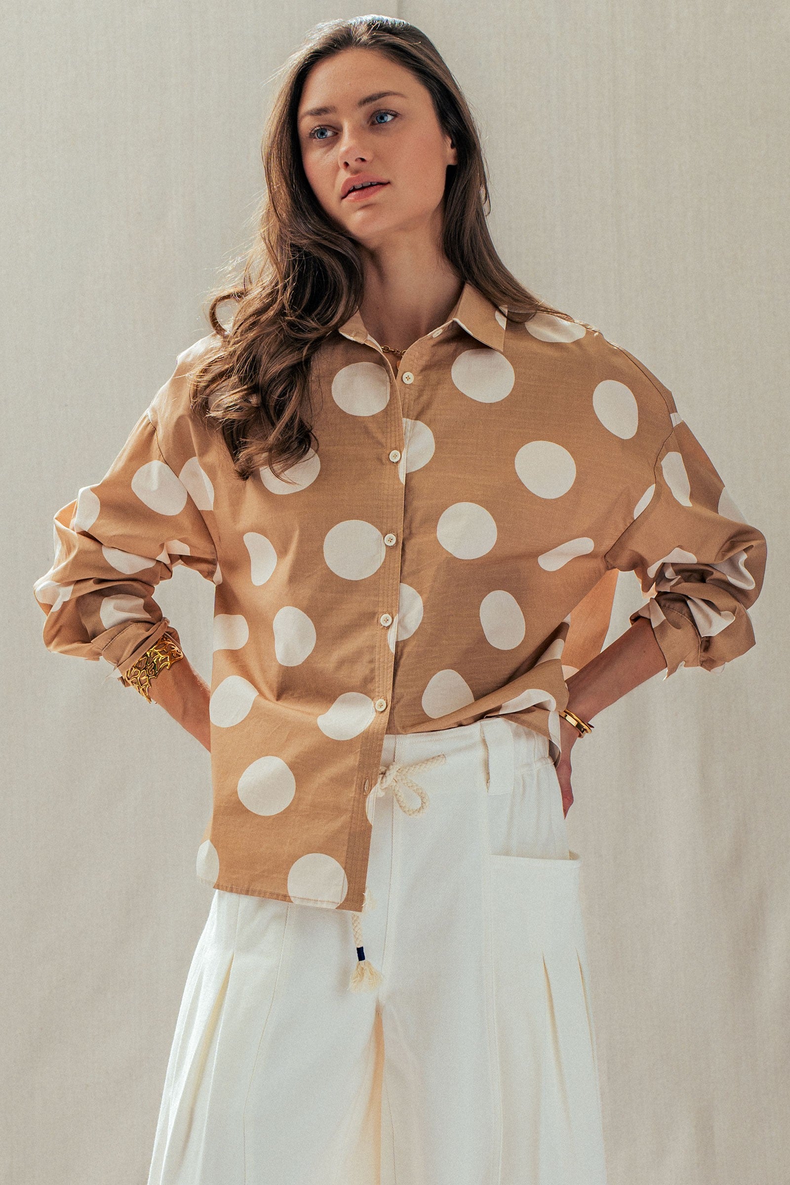 Polka Dot Button Shirt in TAUPE - Women's Tops | Urban Daizy