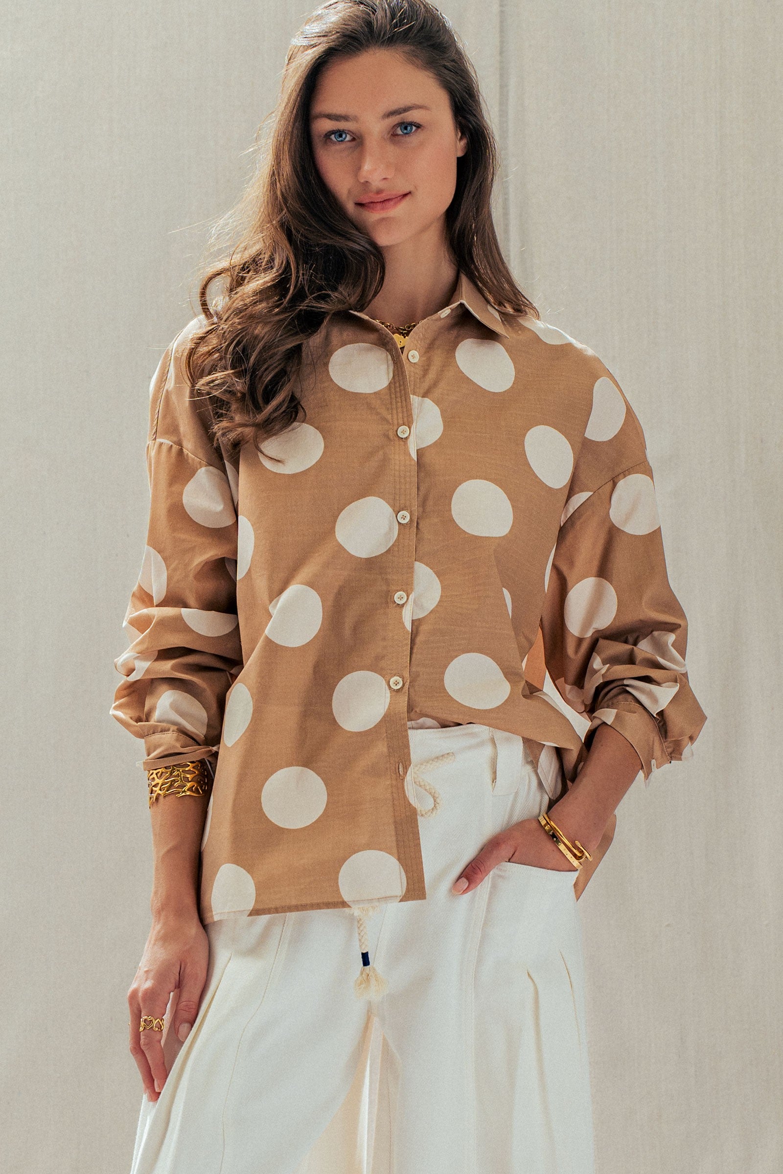 Polka Dot Button Shirt in TAUPE - Women's Tops | Urban Daizy
