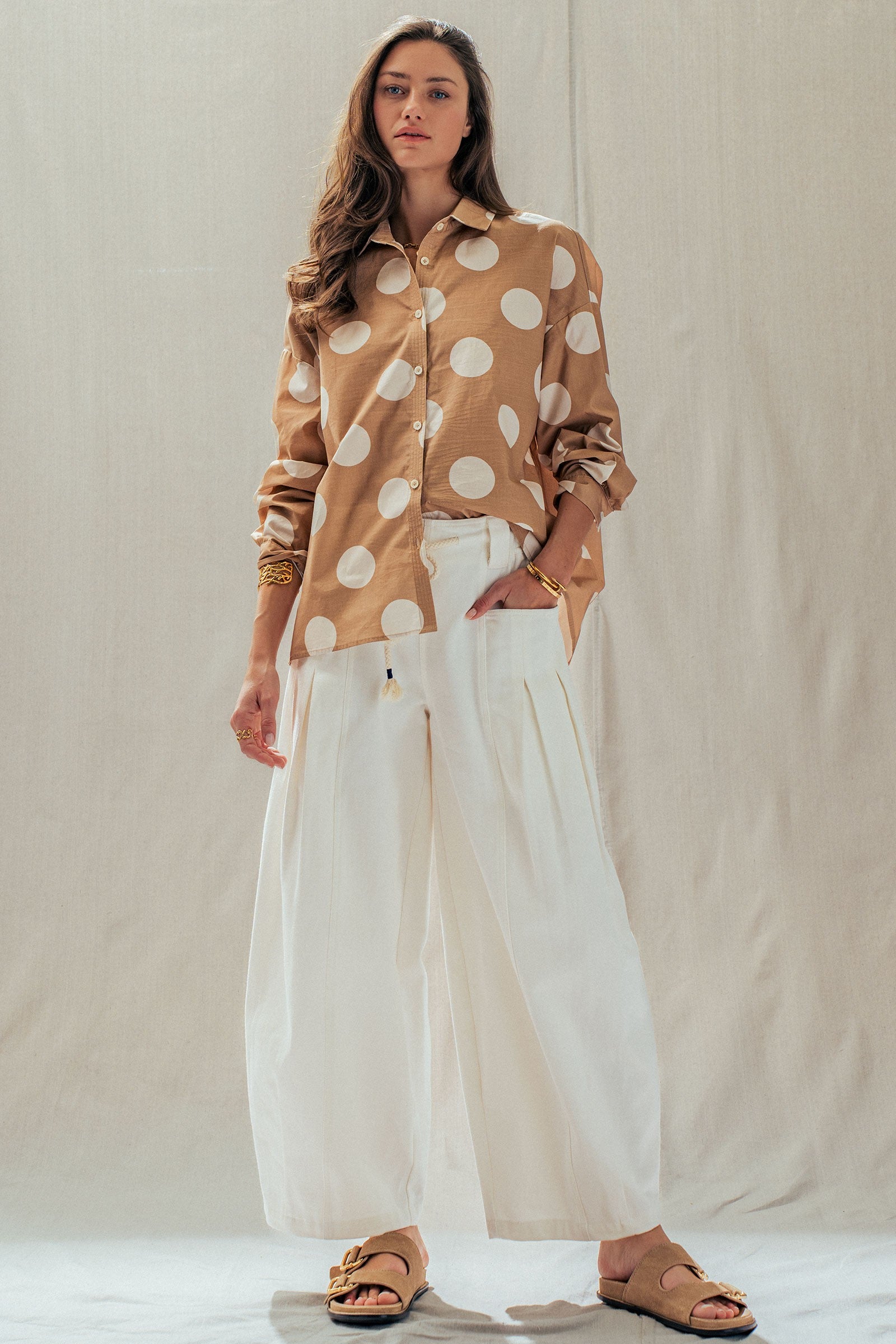 Polka Dot Button Shirt in TAUPE - Women's Tops | Urban Daizy