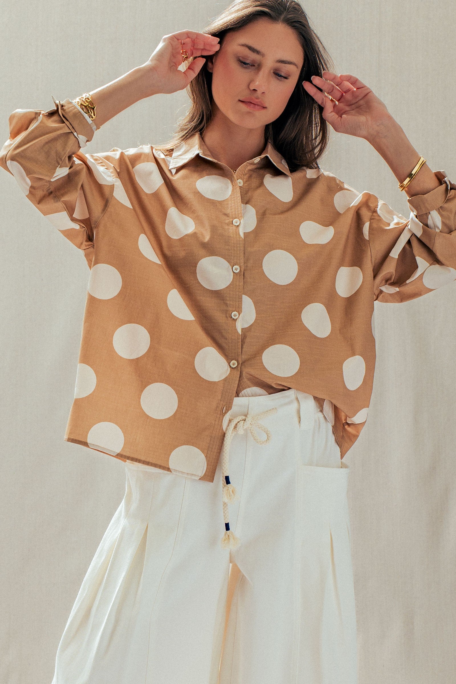 Polka Dot Button Shirt in TAUPE - Women's Tops | Urban Daizy