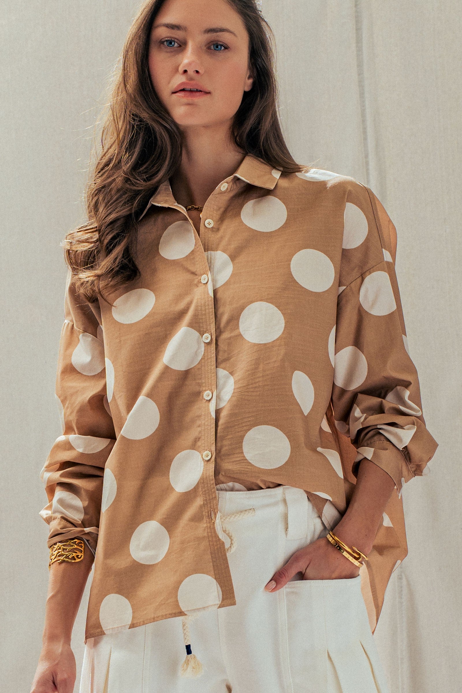 Polka Dot Button Shirt in TAUPE - Women's Tops | Urban Daizy