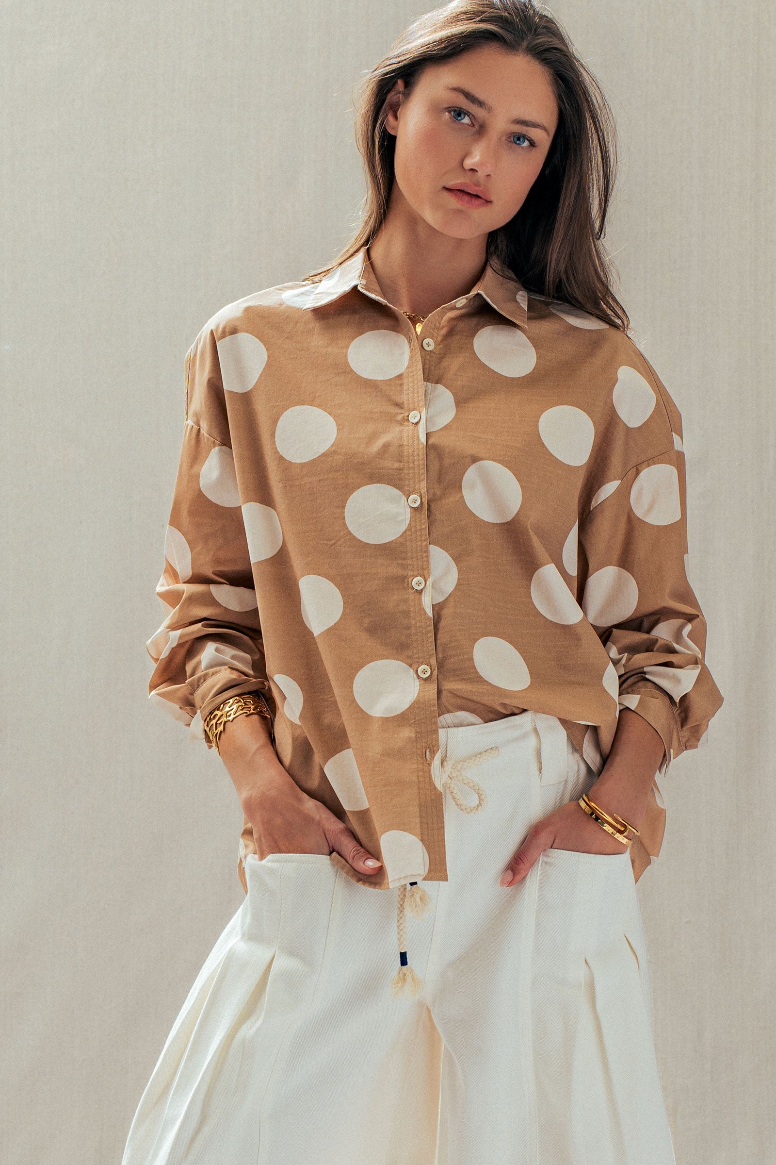 Polka Dot Button Shirt in TAUPE - Women's Tops | Urban Daizy