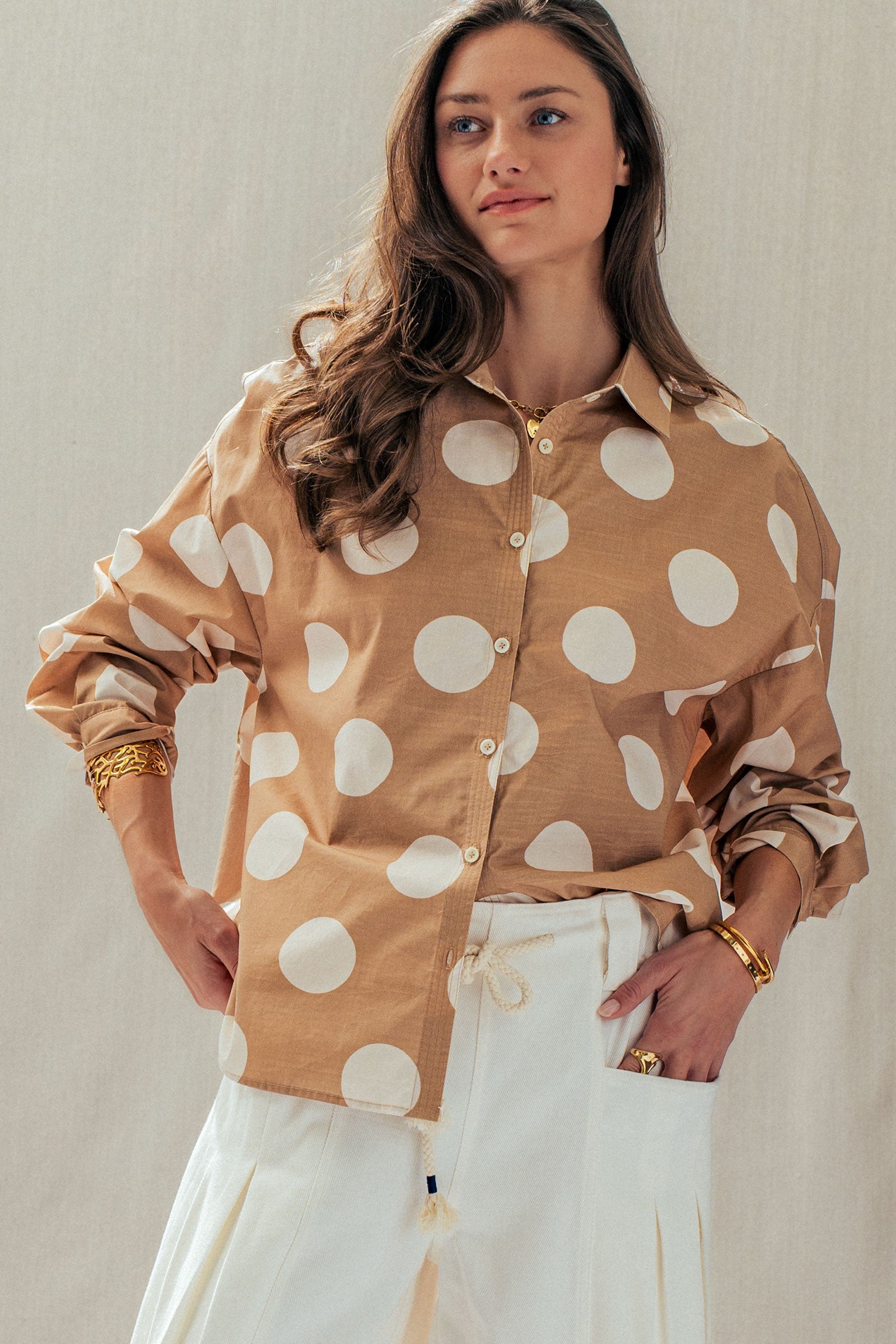 Polka Dot Button Shirt in TAUPE - Women's Tops | Urban Daizy