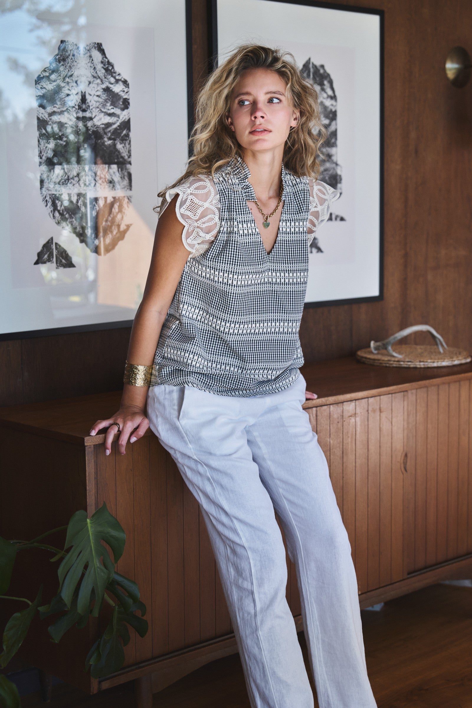 Gingham Lace Flutter Sleeve Cotton Top