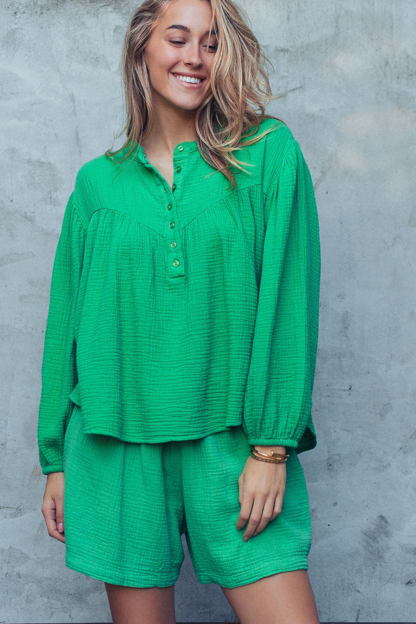 Garment Dyed Cotton Gauze Button Down Top And Shorts Set