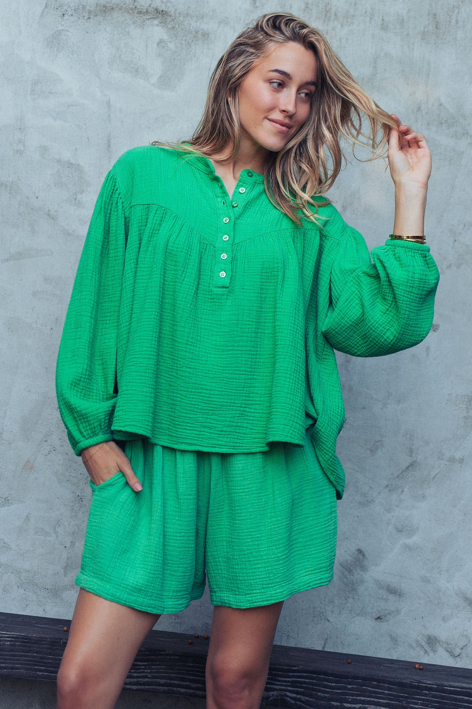 Garment Dyed Cotton Gauze Button Down Top And Shorts Set