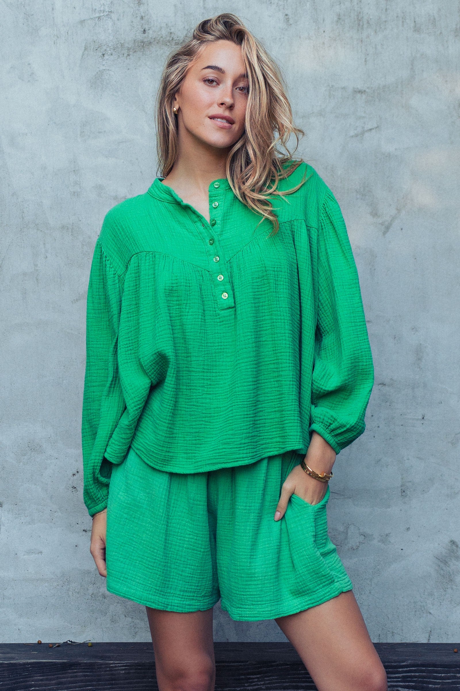 Garment Dyed Cotton Gauze Button Down Top And Shorts Set