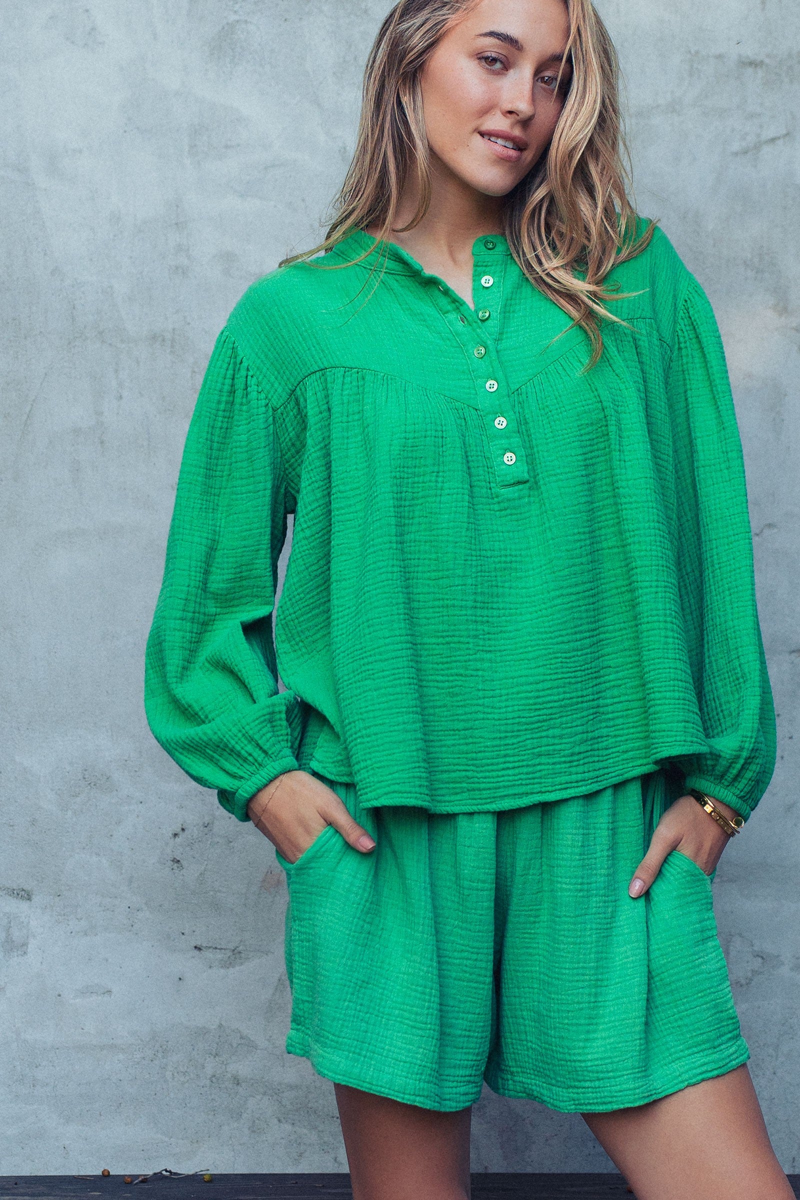 Garment Dyed Cotton Gauze Button Down Top And Shorts Set