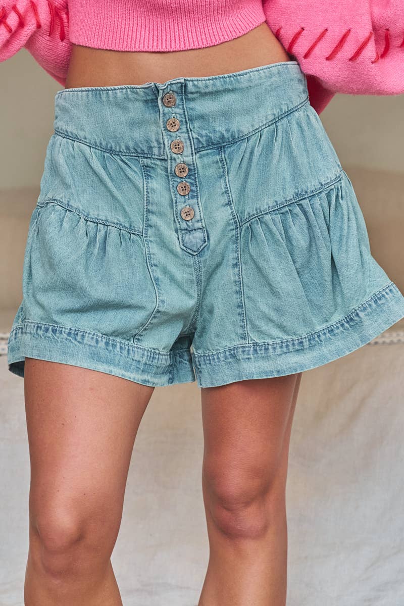 Light Wash Button Fly Gathered Denim Shorts