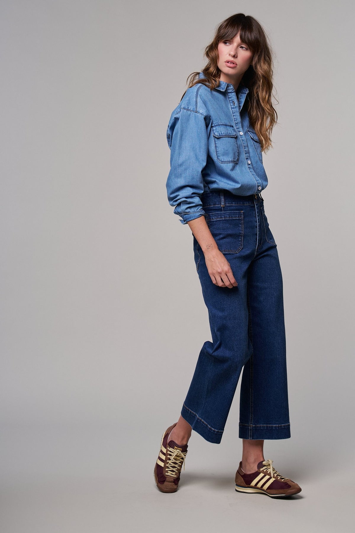High Waist Wide Leg Denim with Patch Pockets in DENIM - Women's Casual Pants | Urban Daizy