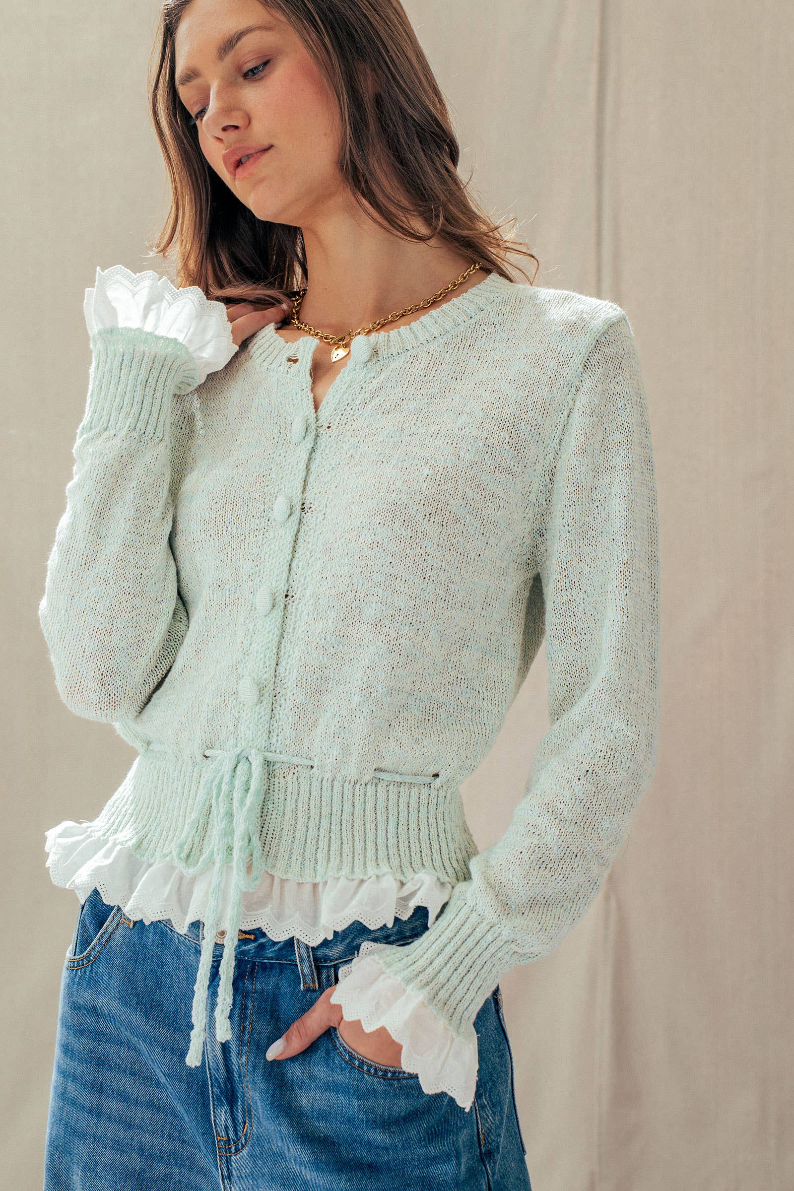 Eyelet Trim Peplum Drawstring Cardigan