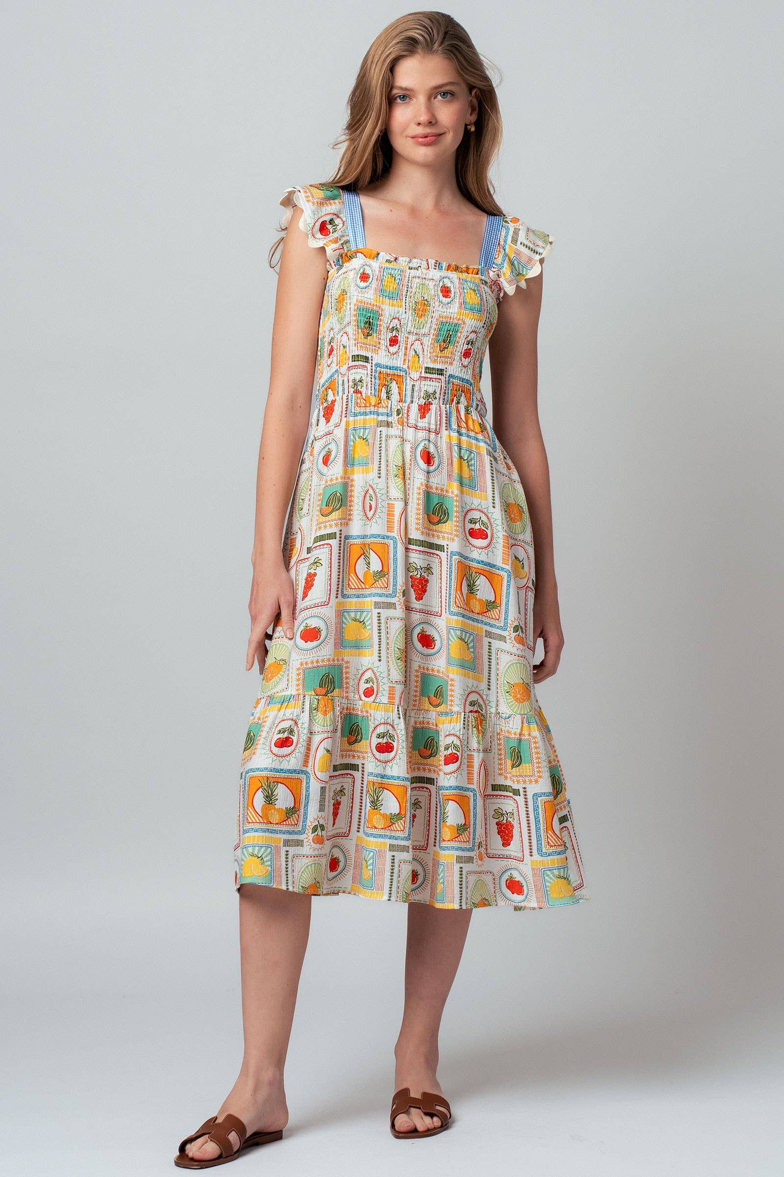 Novelty Stamp Print Smocked Midi Dress