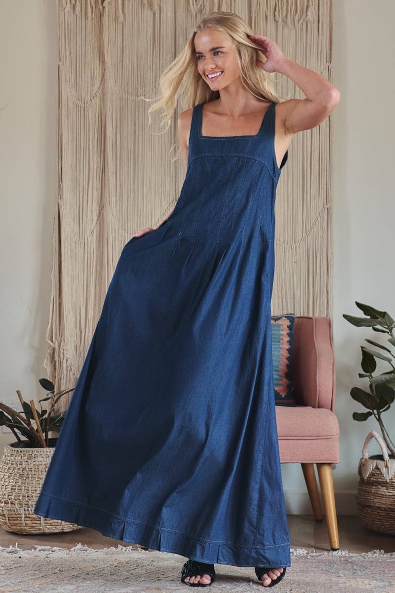 Smocked Back Denim Maxi Dress