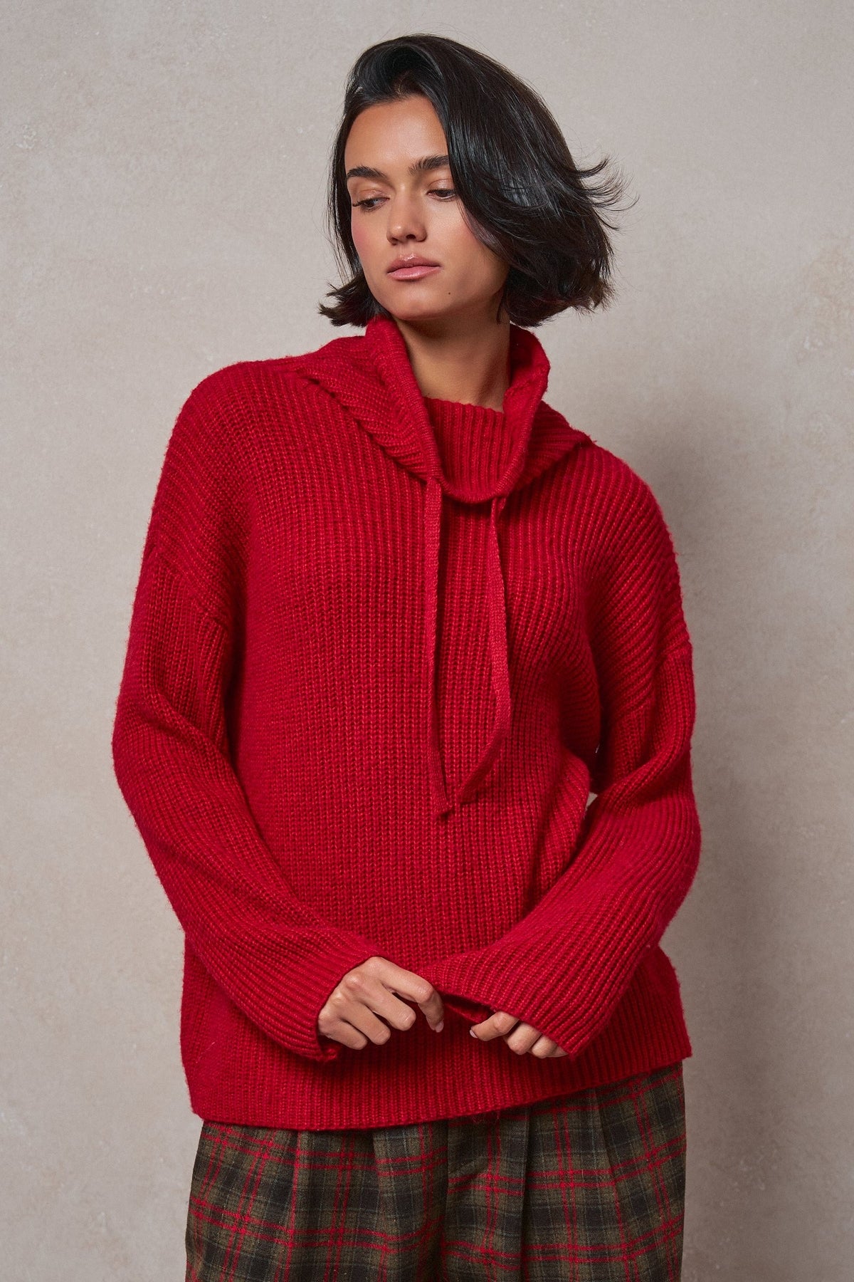 Ribbed Funnel Neck Knit Sweater in RED - Women's Sweaters | Urban Daizy