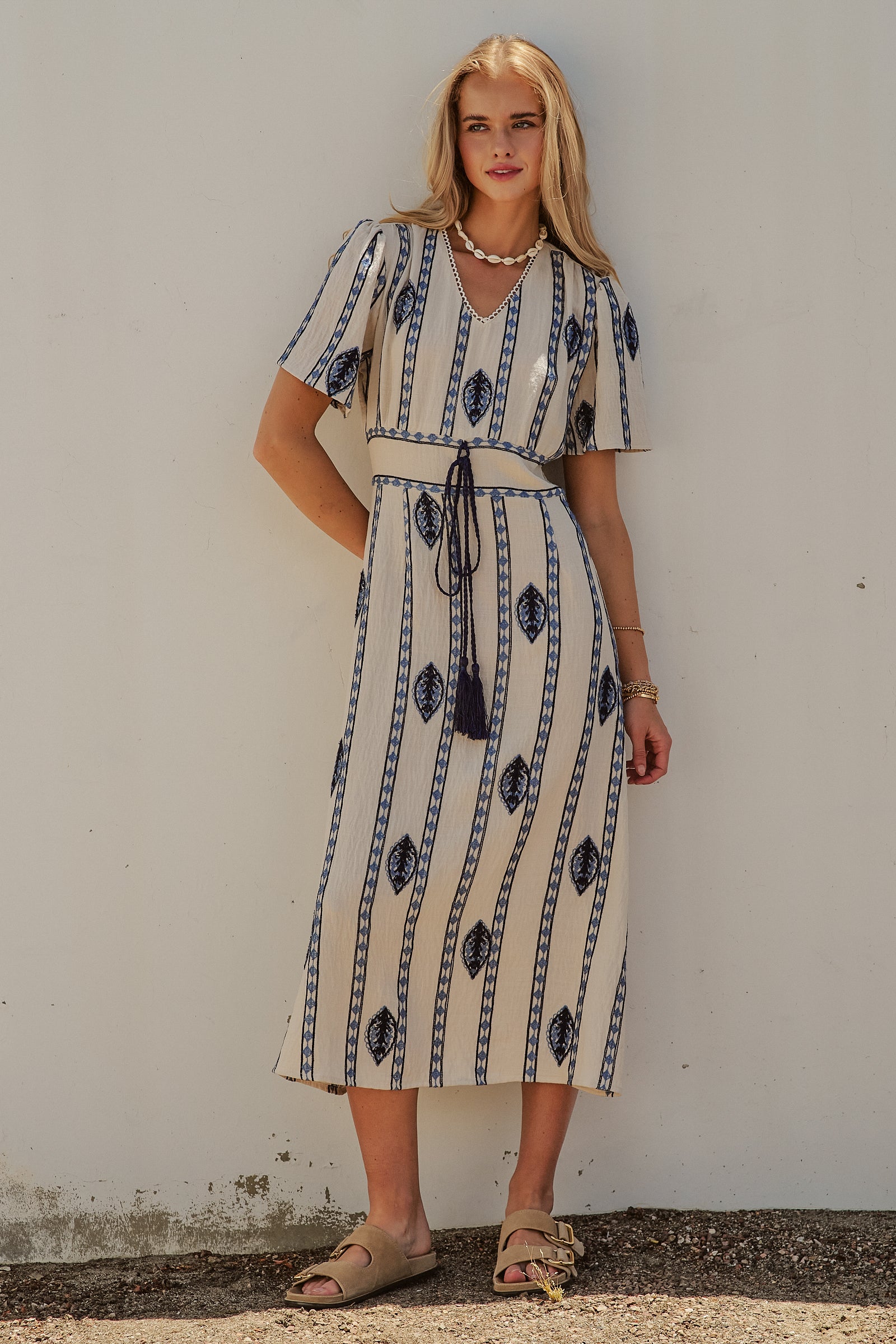 Geometric Embroidered Linen Blend Midi Dress