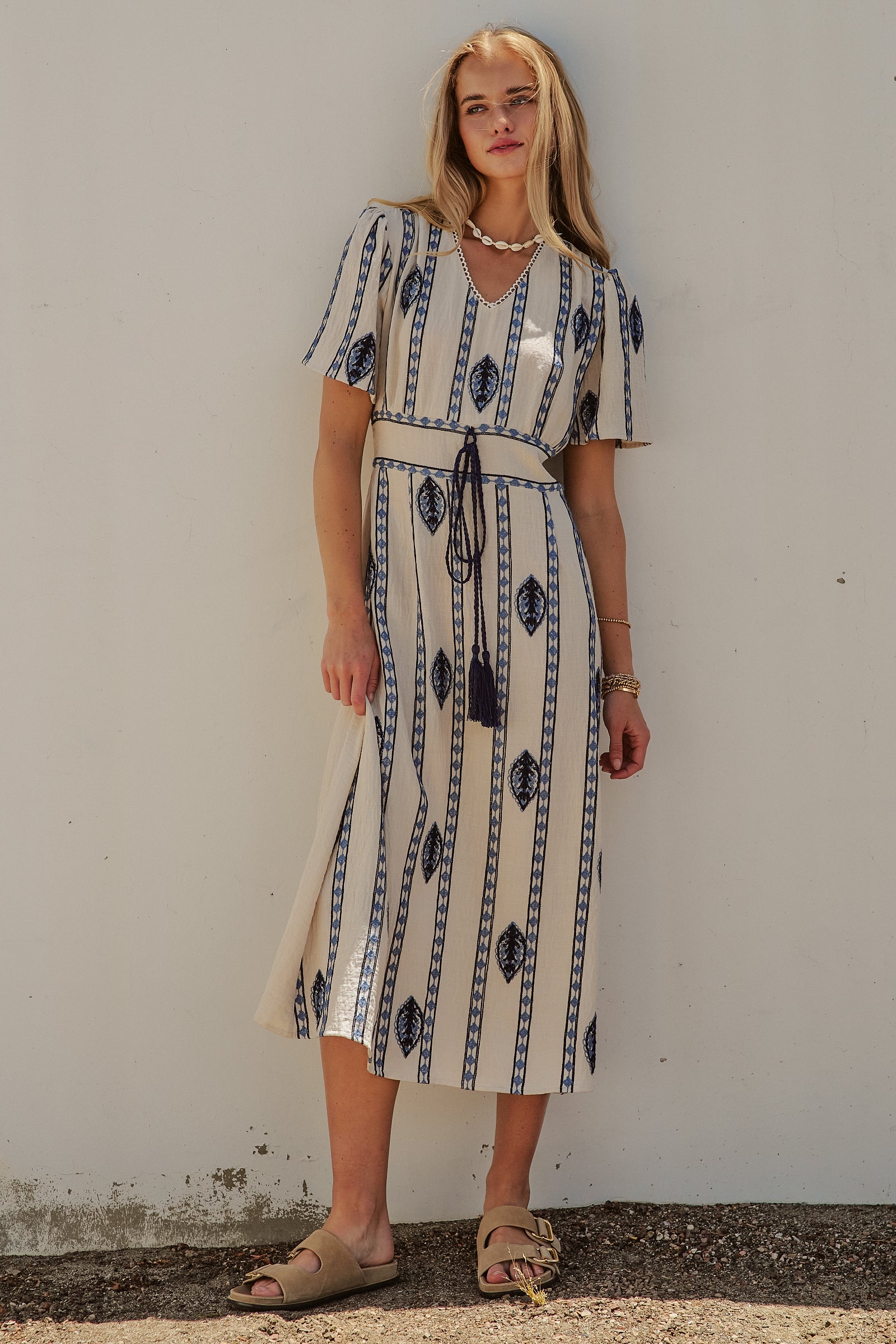 Geometric Embroidered Linen Blend Midi Dress