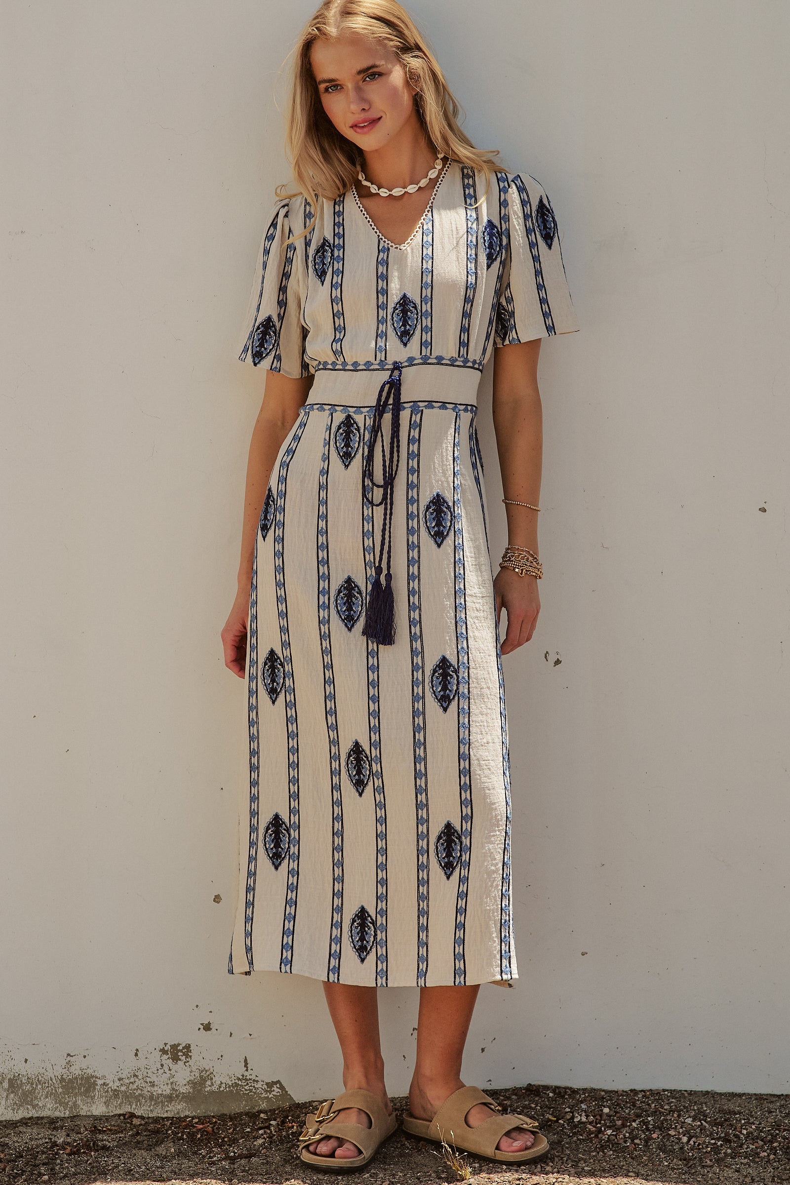 Geometric Embroidered Linen Blend Midi Dress