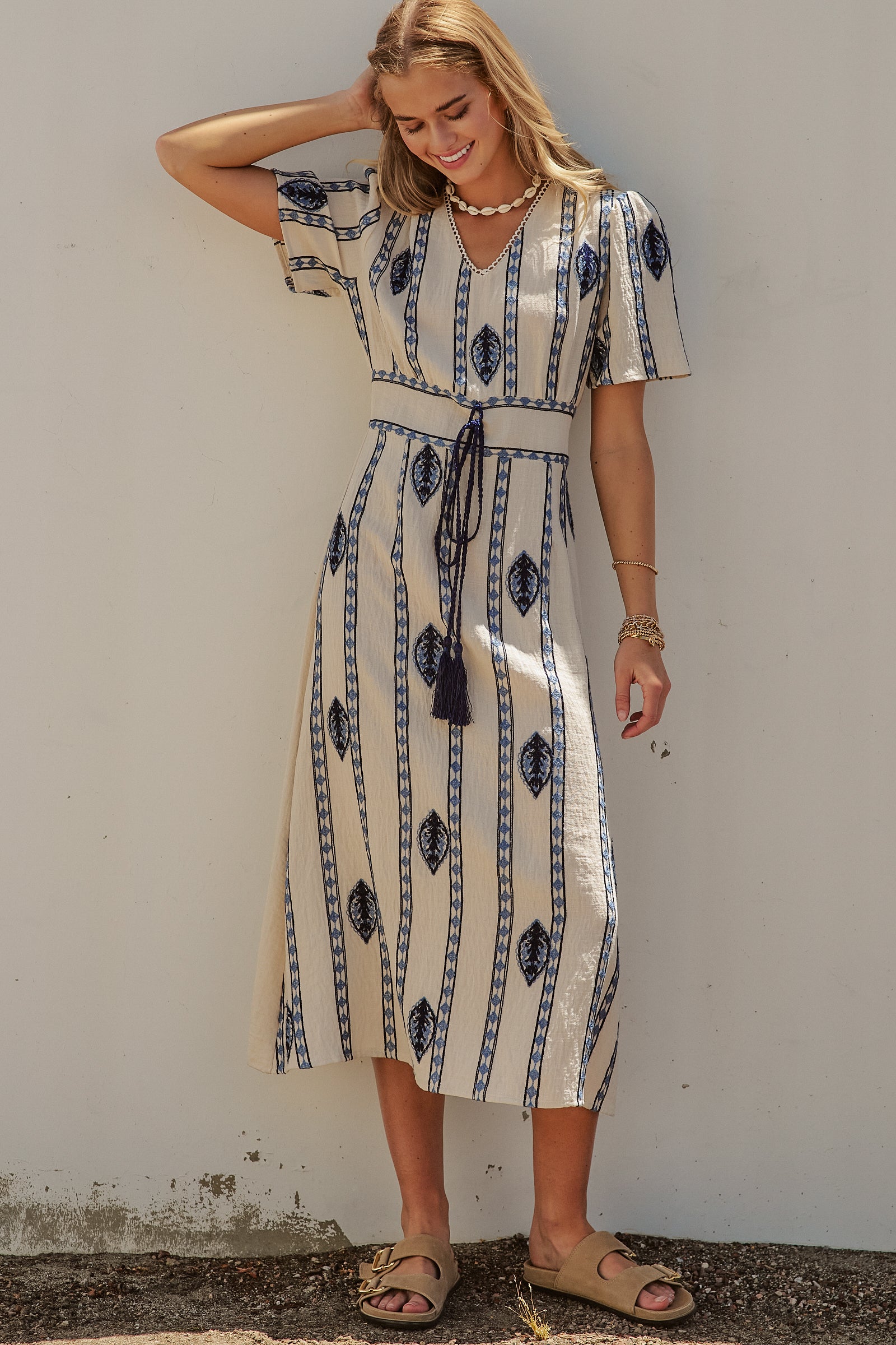 Geometric Embroidered Linen Blend Midi Dress