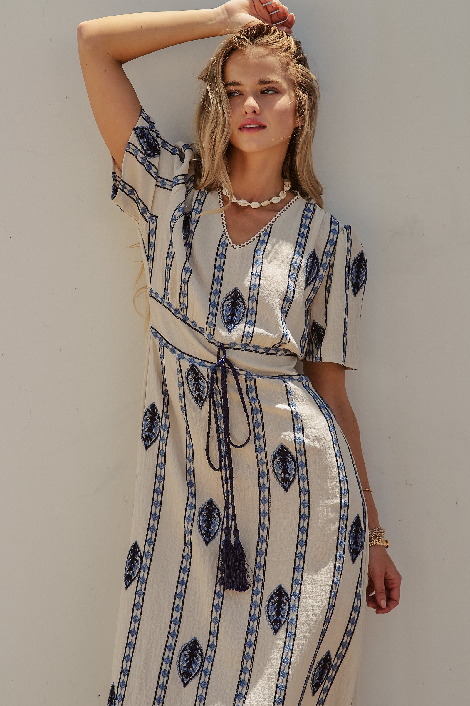 Geometric Embroidered Linen Blend Midi Dress