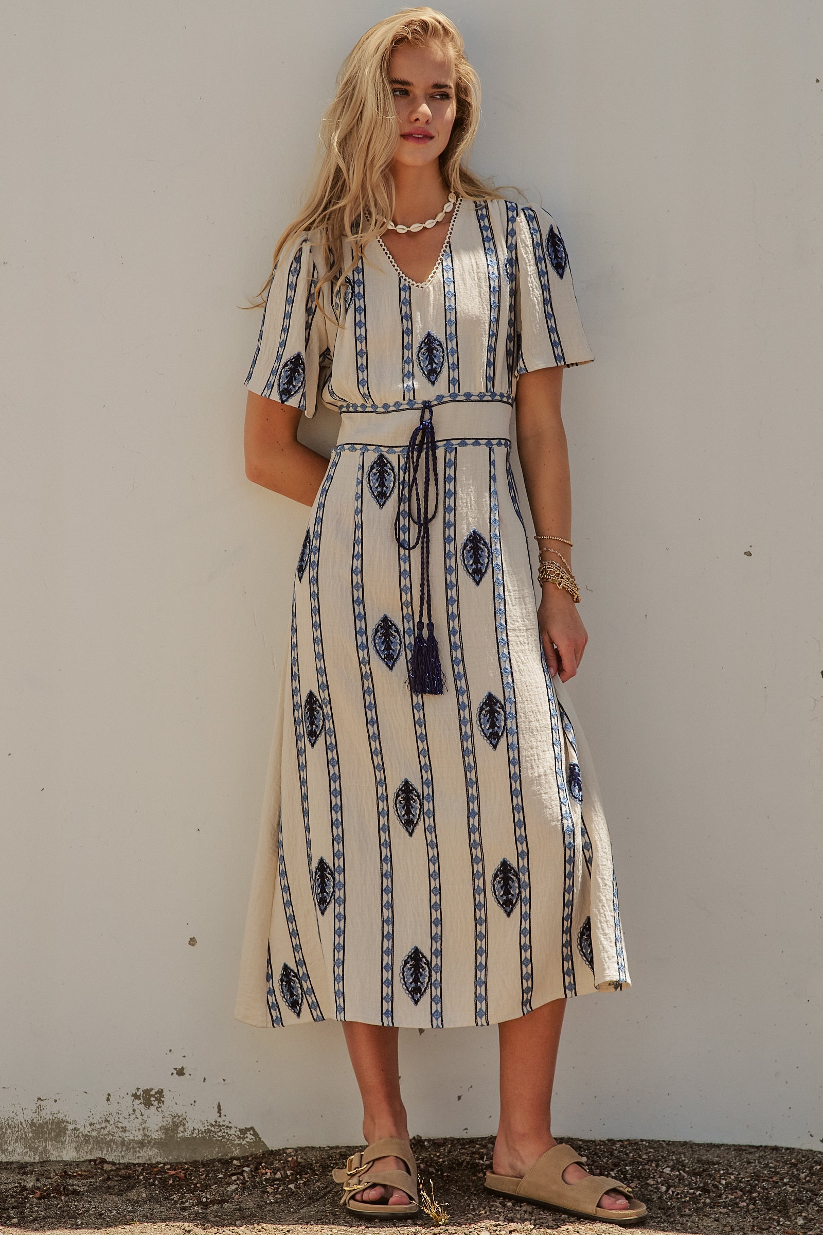 Geometric Embroidered Linen Blend Midi Dress