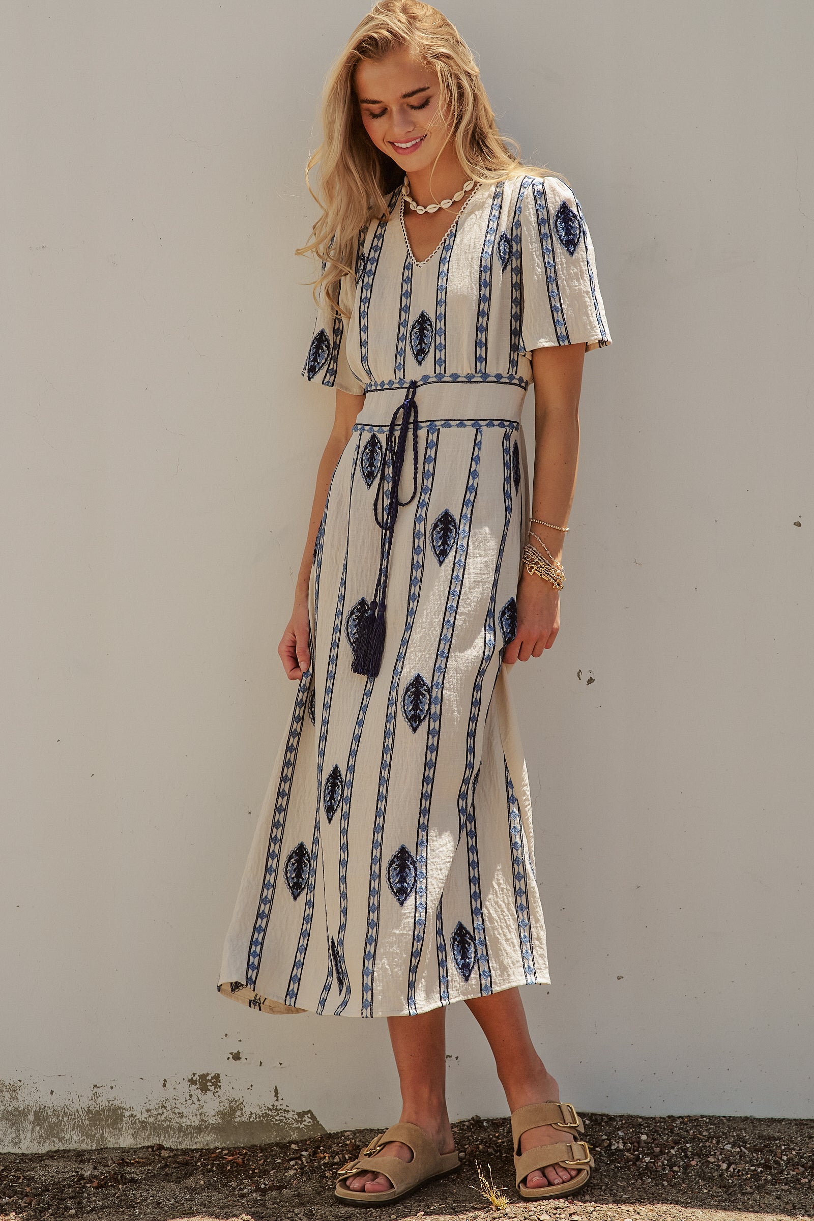 Geometric Embroidered Linen Blend Midi Dress