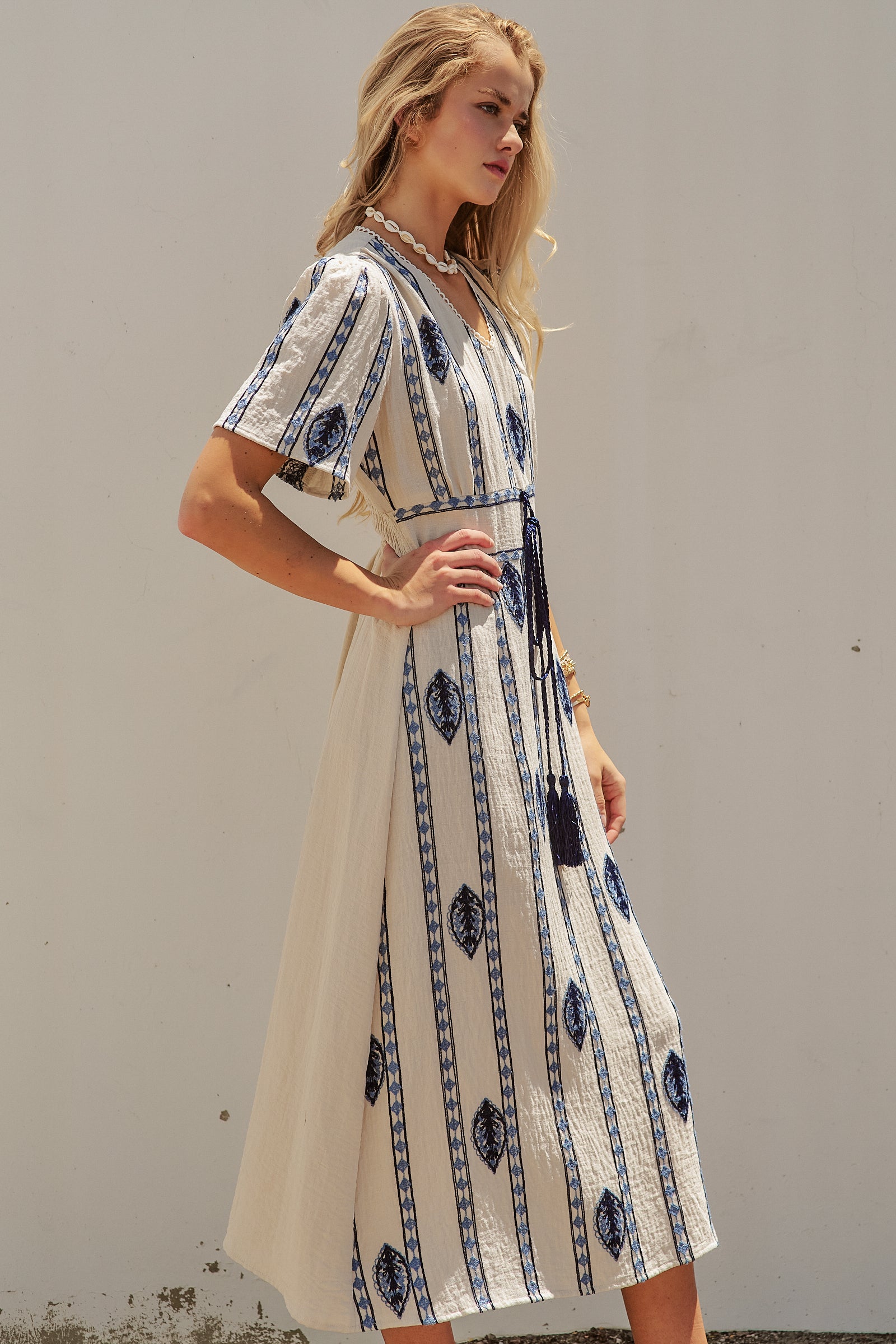 Geometric Embroidered Linen Blend Midi Dress