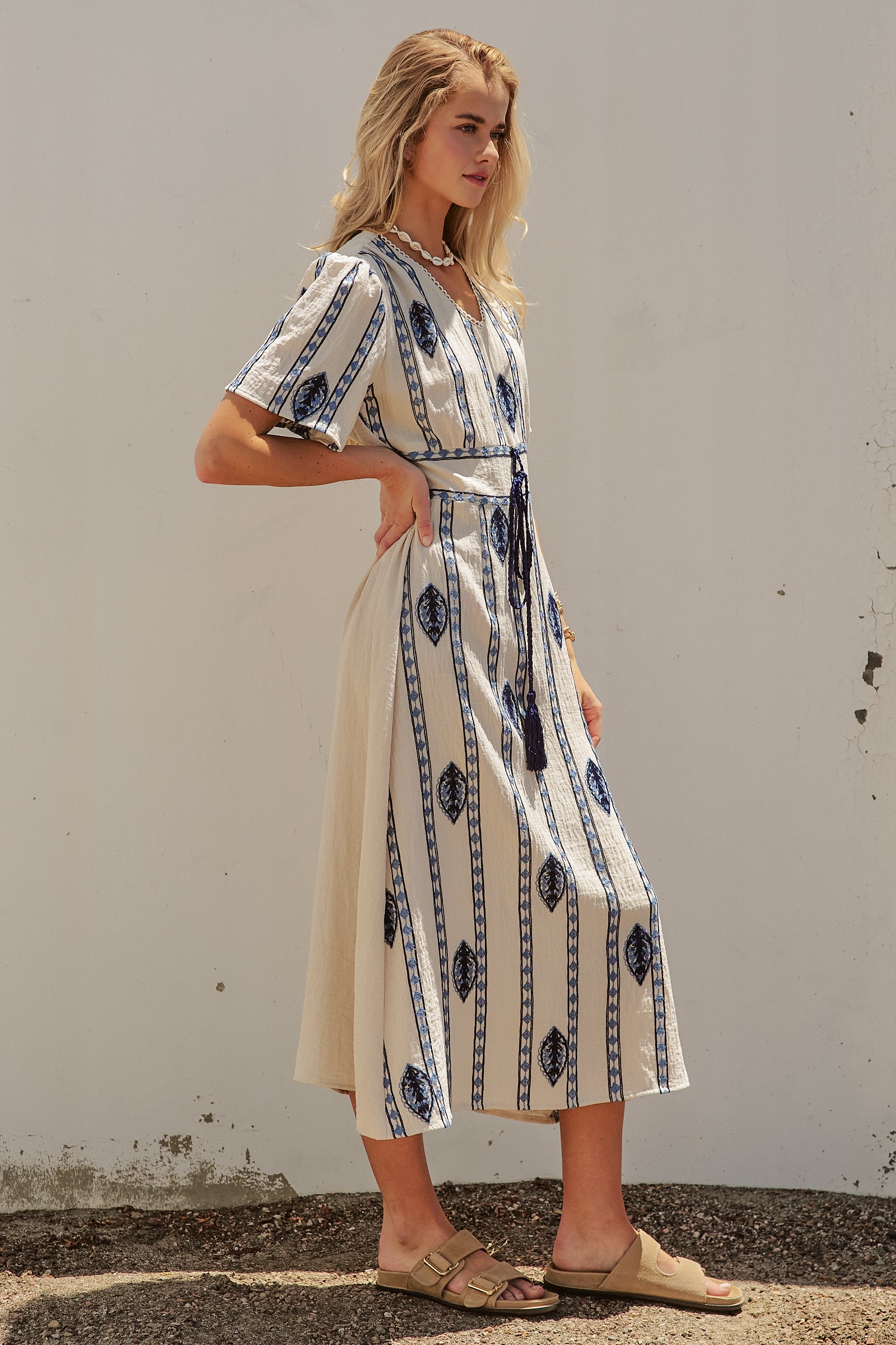 Geometric Embroidered Linen Blend Midi Dress