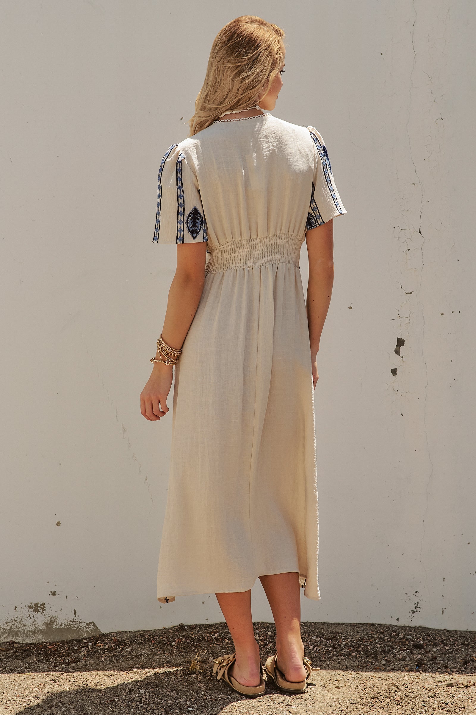 Geometric Embroidered Linen Blend Midi Dress