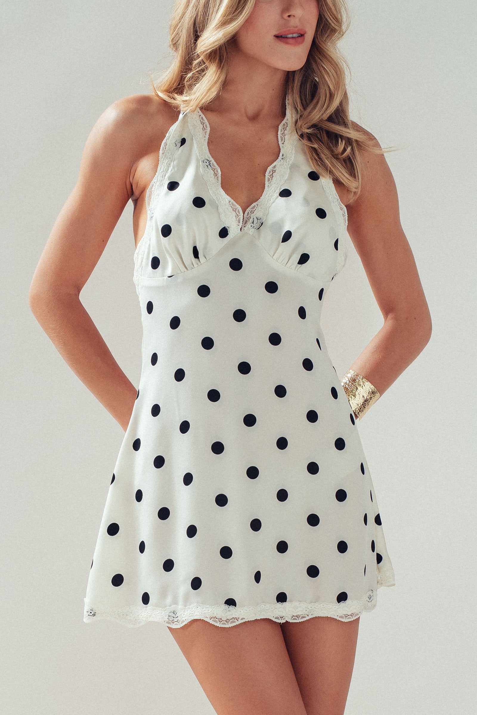Satin Polka Dot Lace Trim Halter Slip Dress