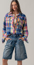 Oversized Plaid Button-Up Flannel Shirt w Pockets in BLUE MULTI - Women's Shirts & Blouses | Urban Daizy