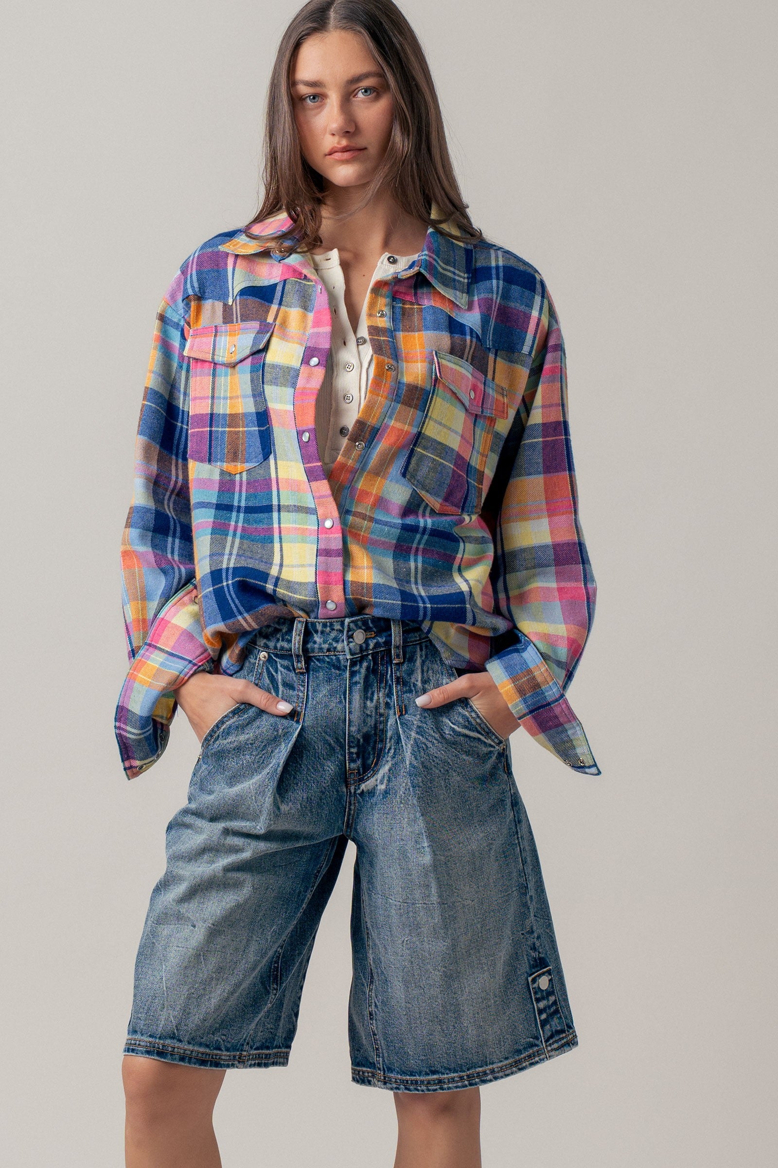 Oversized Plaid Button-Up Flannel Shirt w Pockets in BLUE MULTI - Women's Shirts & Blouses | Urban Daizy