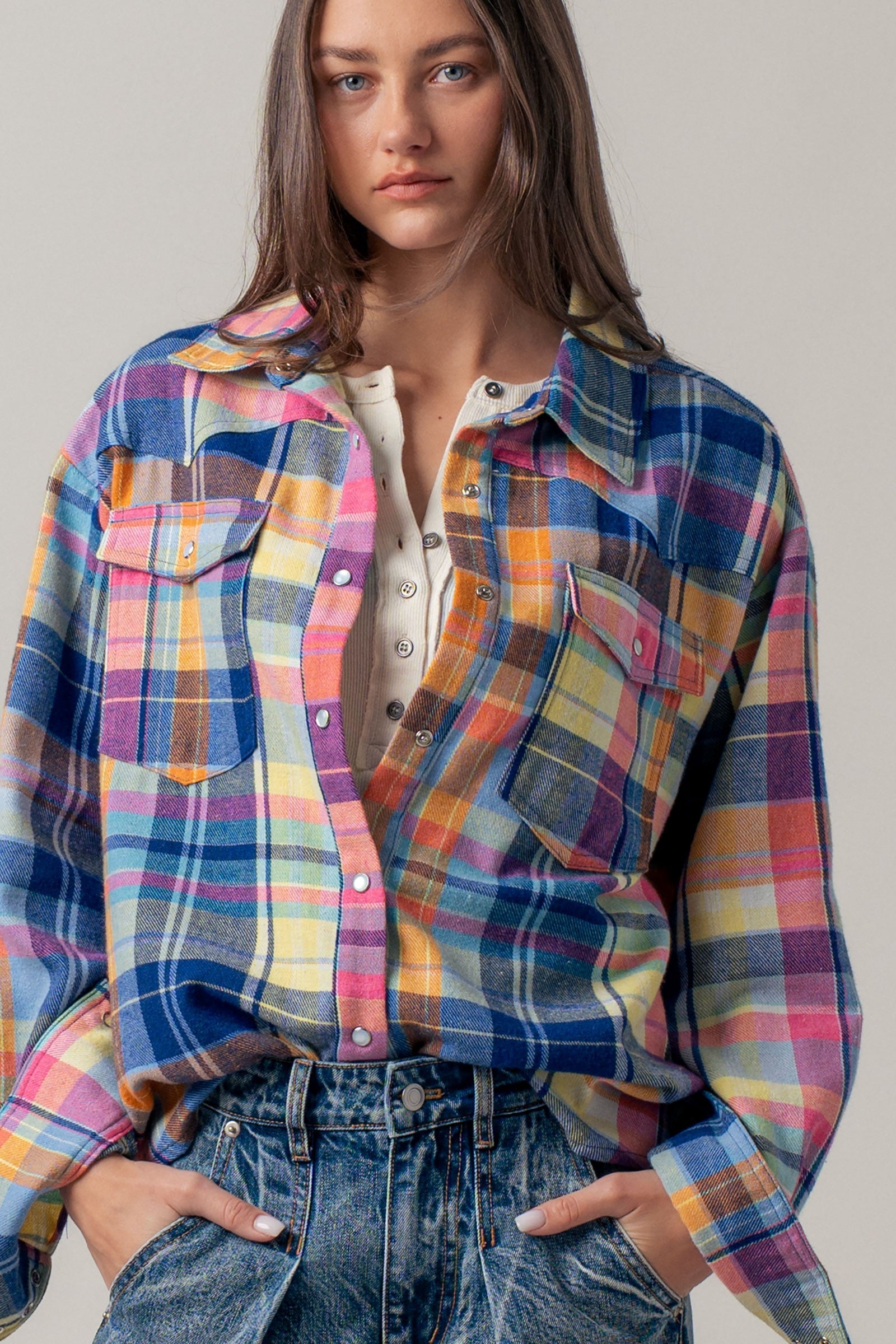 Oversized Plaid Button-Up Flannel Shirt w Pockets in BLUE MULTI - Women's Shirts & Blouses | Urban Daizy