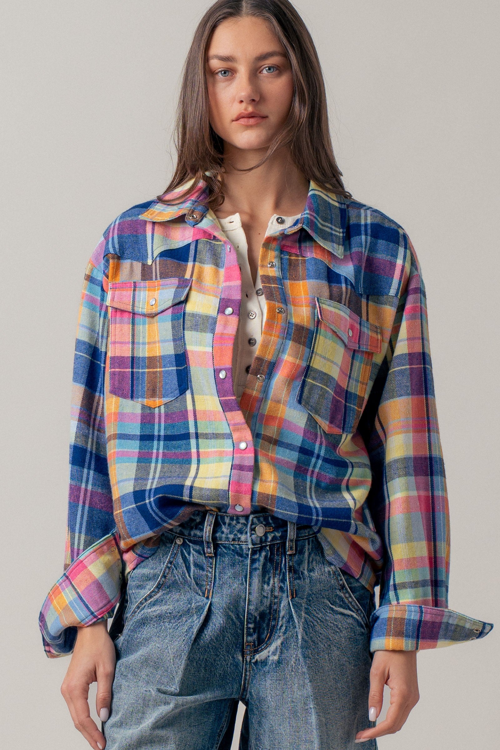 Oversized Plaid Button-Up Flannel Shirt w Pockets in BLUE MULTI - Women's Shirts & Blouses | Urban Daizy