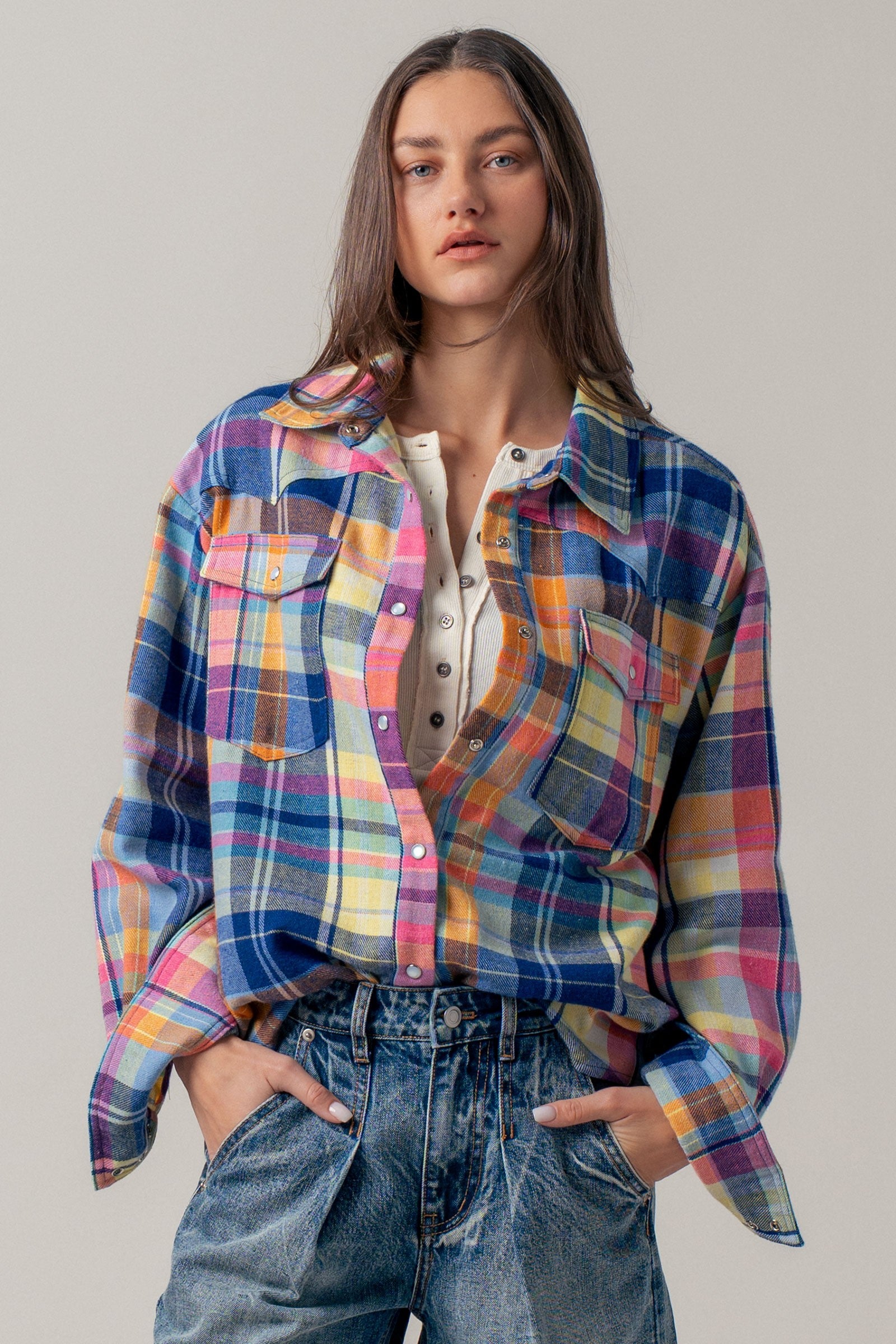 Oversized Plaid Button-Up Flannel Shirt w Pockets in BLUE MULTI - Women's Shirts & Blouses | Urban Daizy
